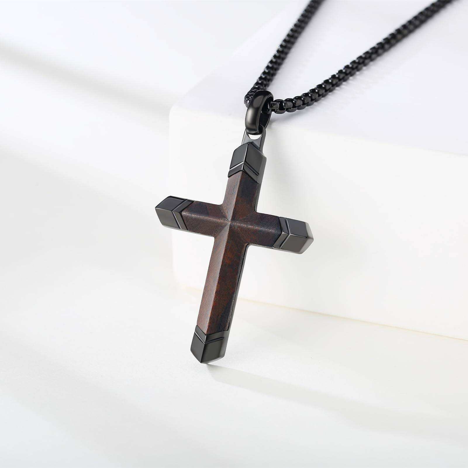 Wooden Cross Necklace for Men, Black Stainless Steel Christian Wood Crucifix Pendant for Boys, Free Necklace 24" Box Chain