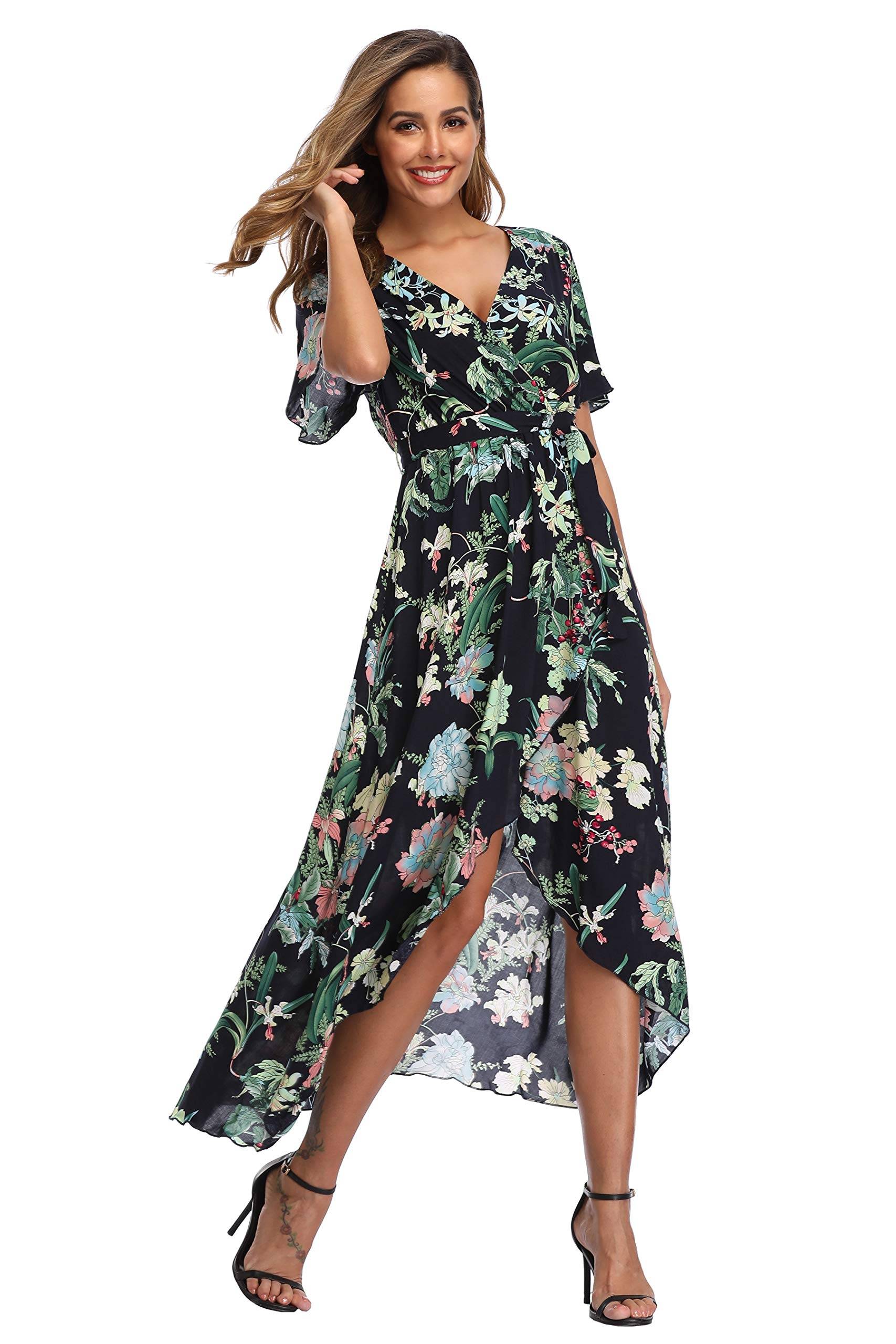 Women's Wrap V Neck Floral Summer Dresses Maxi