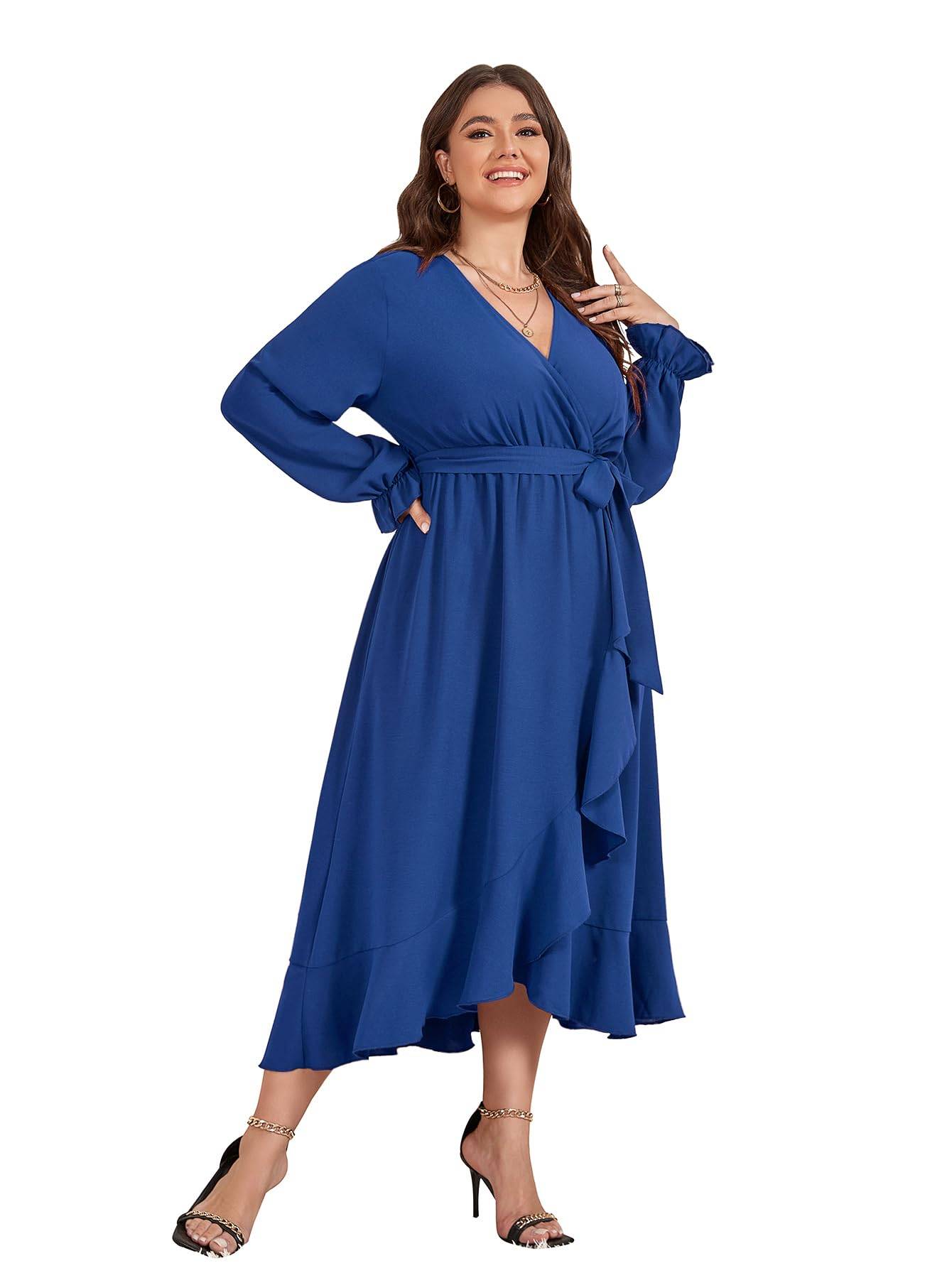 Women Plus Size Maxi Dress Wrap V Neck Dress