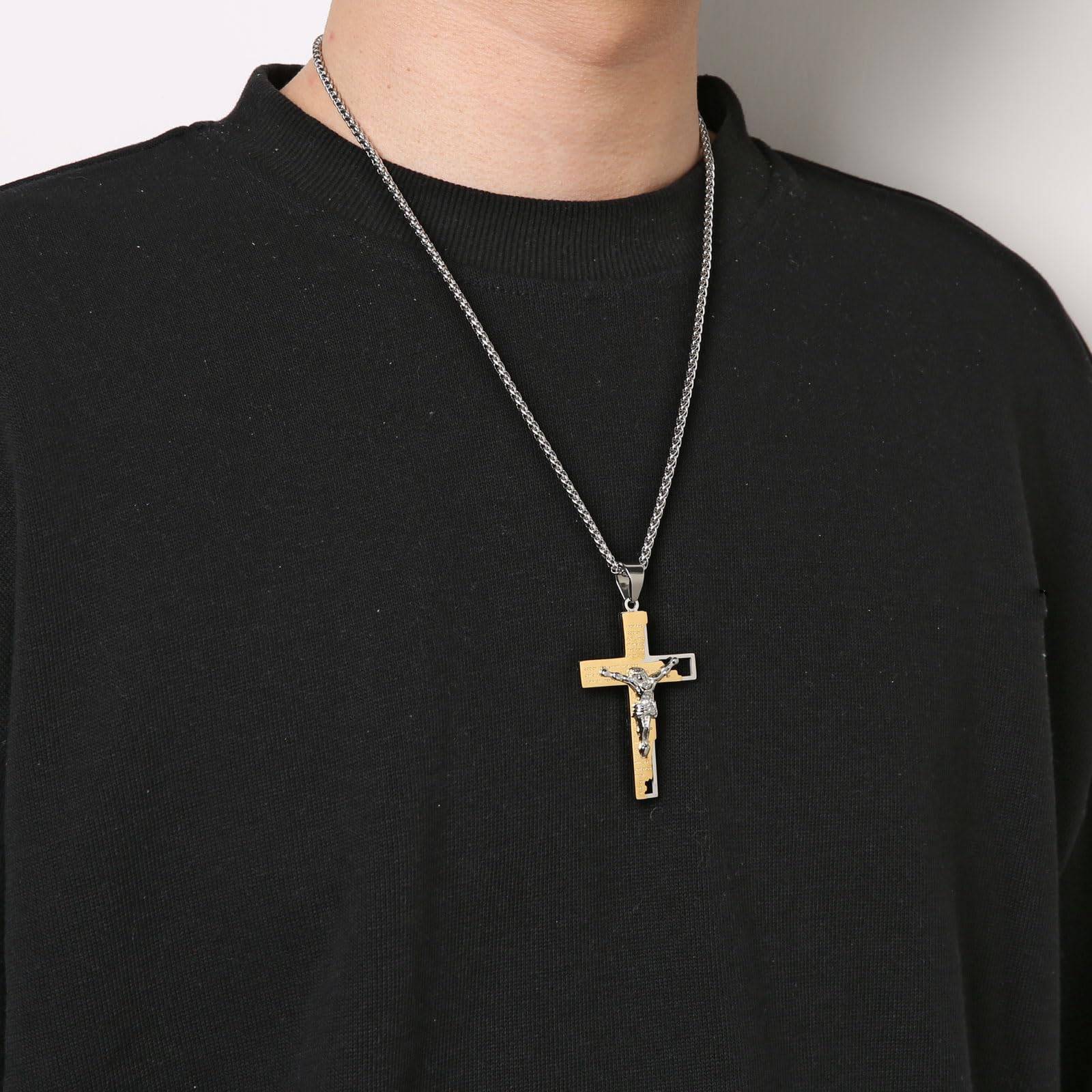 Men's Stainless Steel Cross Crucifix Bible Prayer Pendant Necklace 22+2" Chain