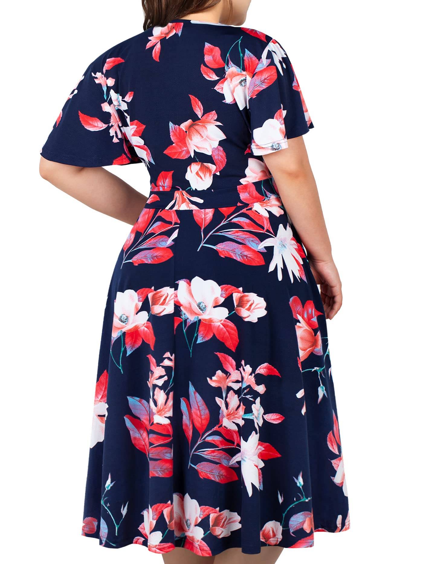 Plus Size Womens V Neck Floral Party Midi Dresses