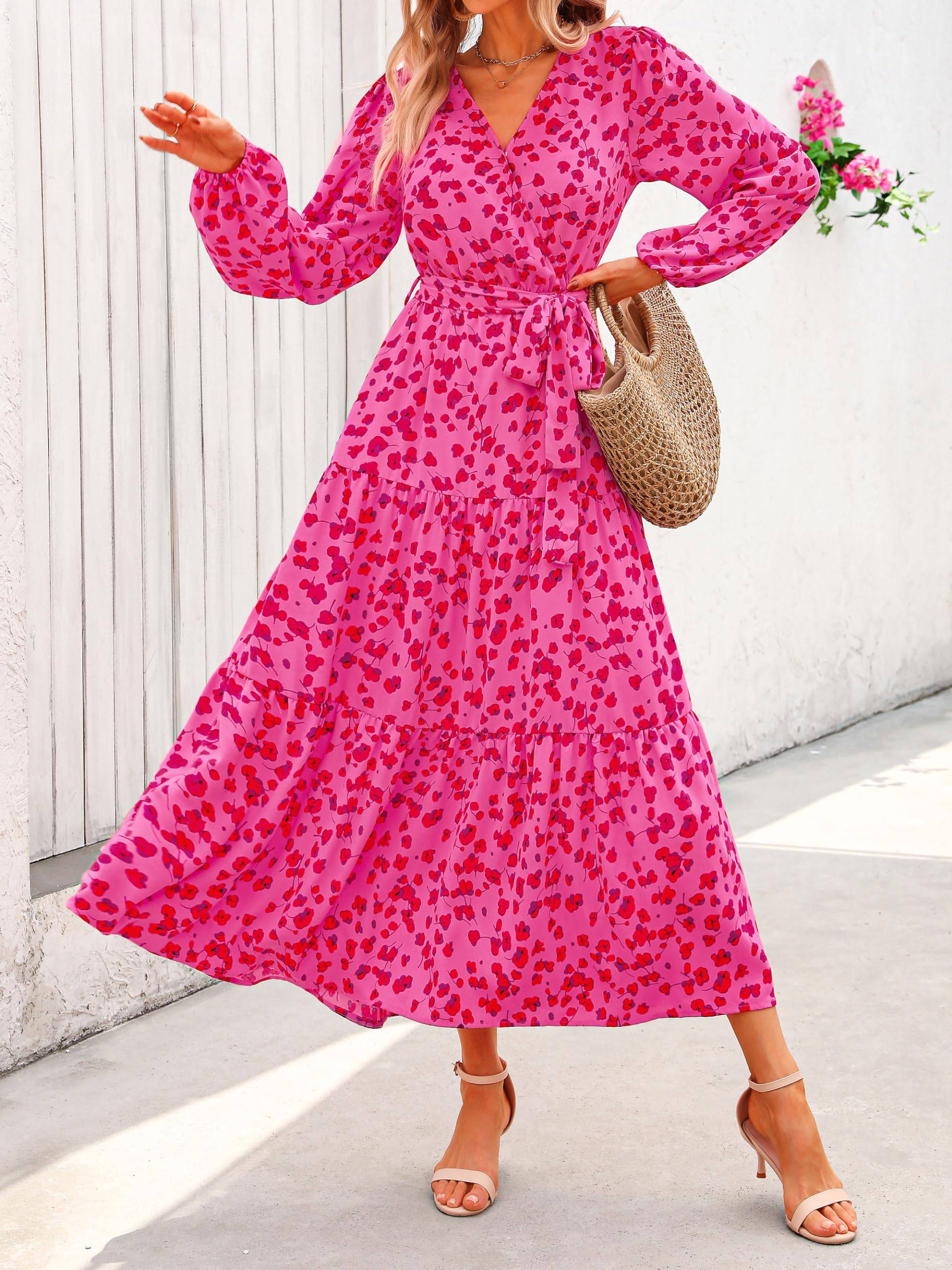 Womens Long Sleeve V Neck Floral Maxi Dress Boho