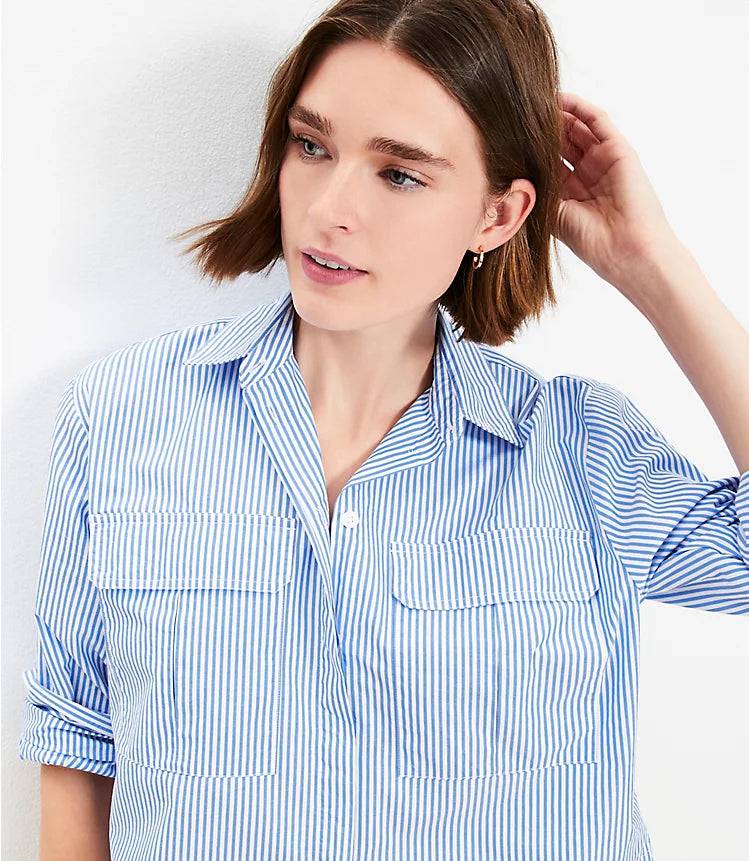 Striped Poplin Modern Utility Blouse for Work