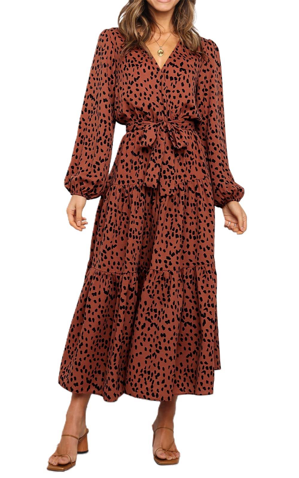 Womens Long Sleeve V Neck Floral Maxi Dress Boho