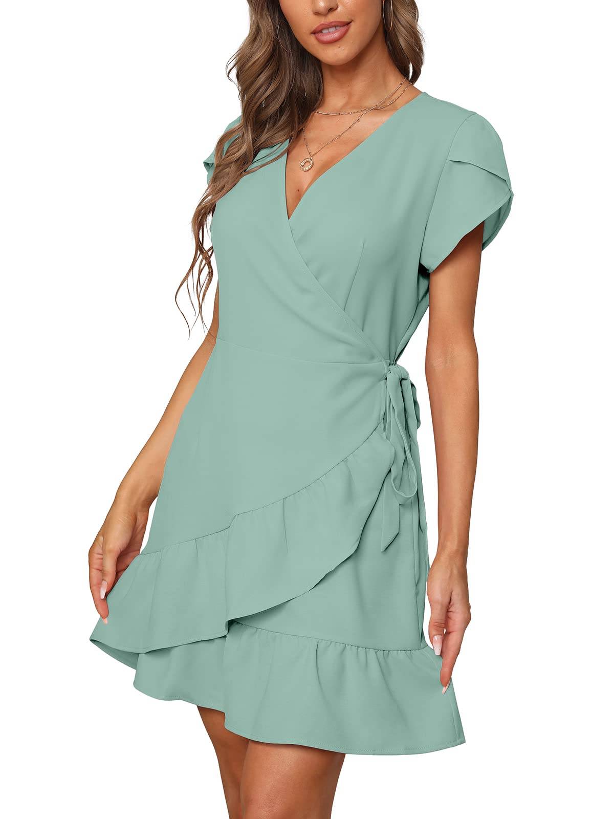 Summer V Neck Wrap Short Dress with Belt for Women