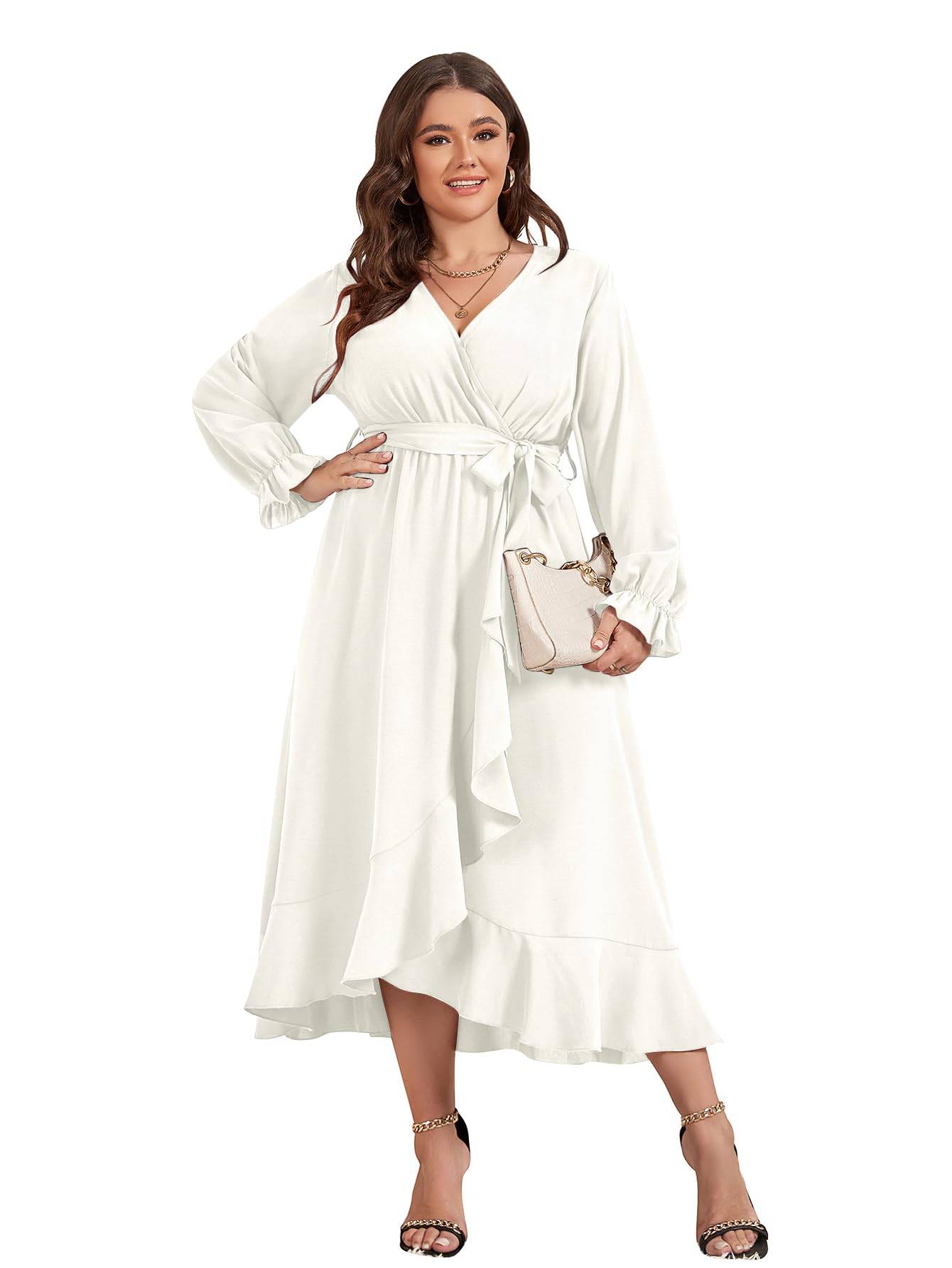 Women Plus Size Maxi Dress Wrap V Neck Dress