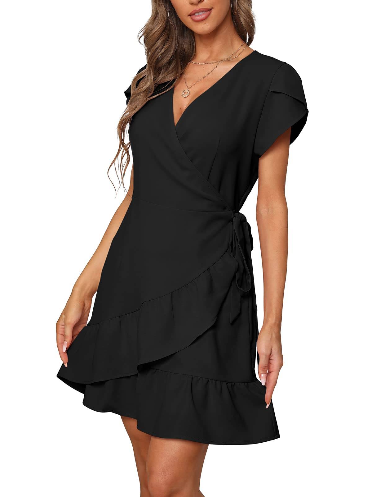 Summer V Neck Wrap Short Dress with Belt for Women