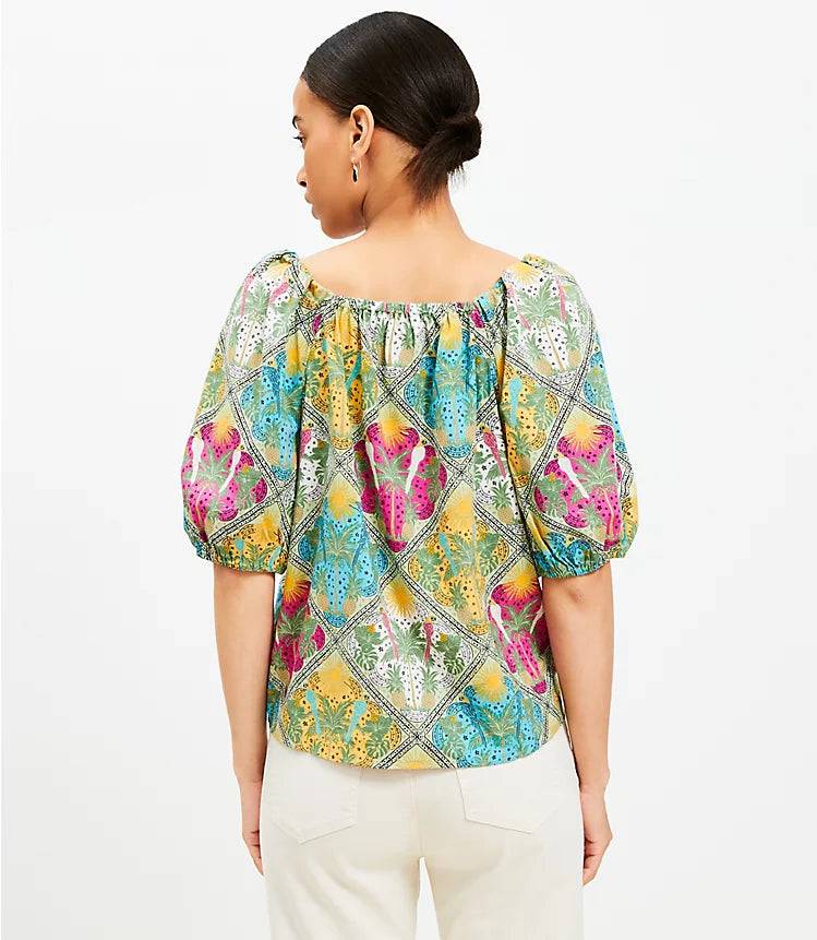 Palm Bubble Sleeve Square Neck Blouse Printed