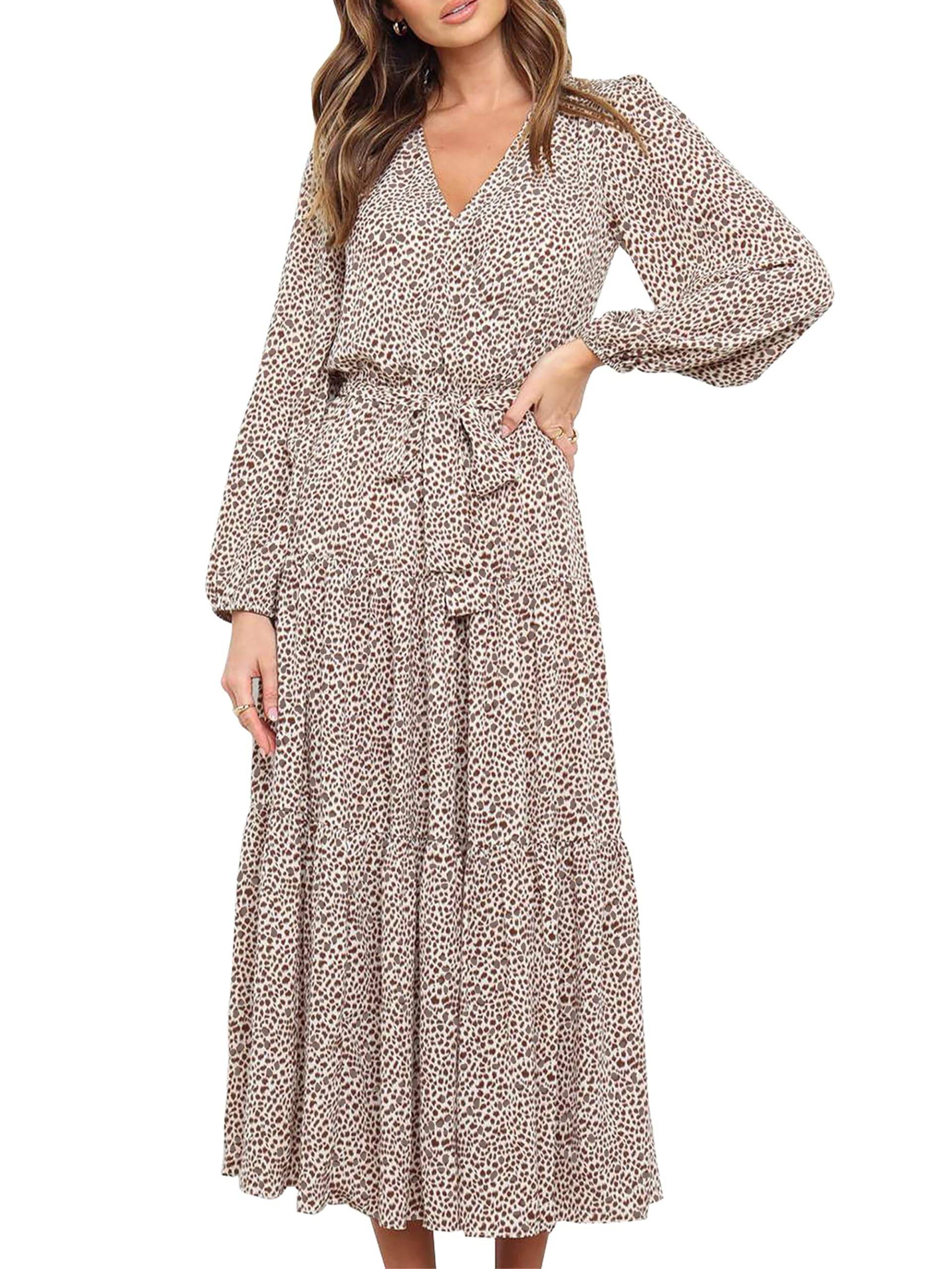 Womens Long Sleeve V Neck Floral Maxi Dress Boho