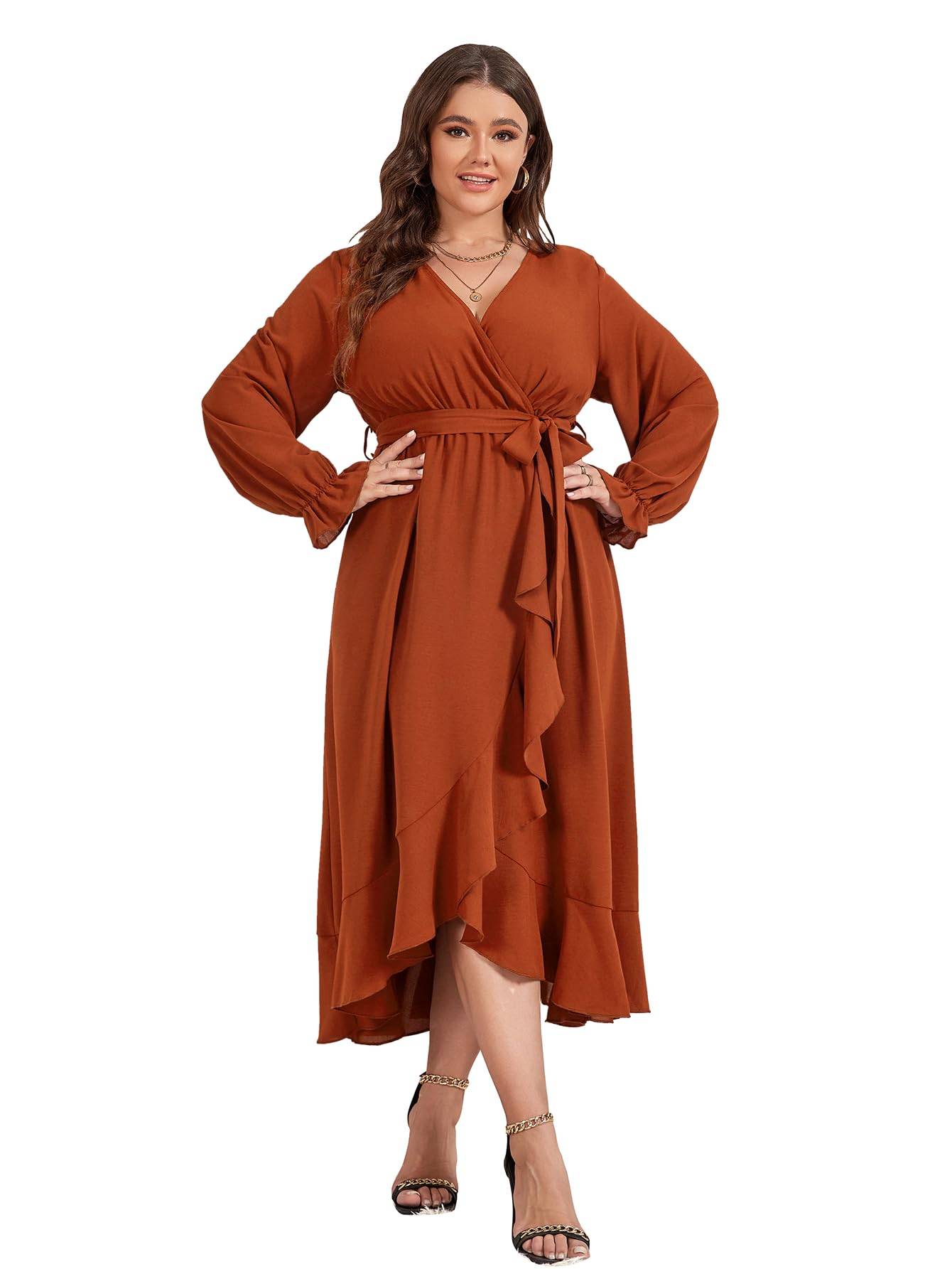 Women Plus Size Maxi Dress Wrap V Neck Dress