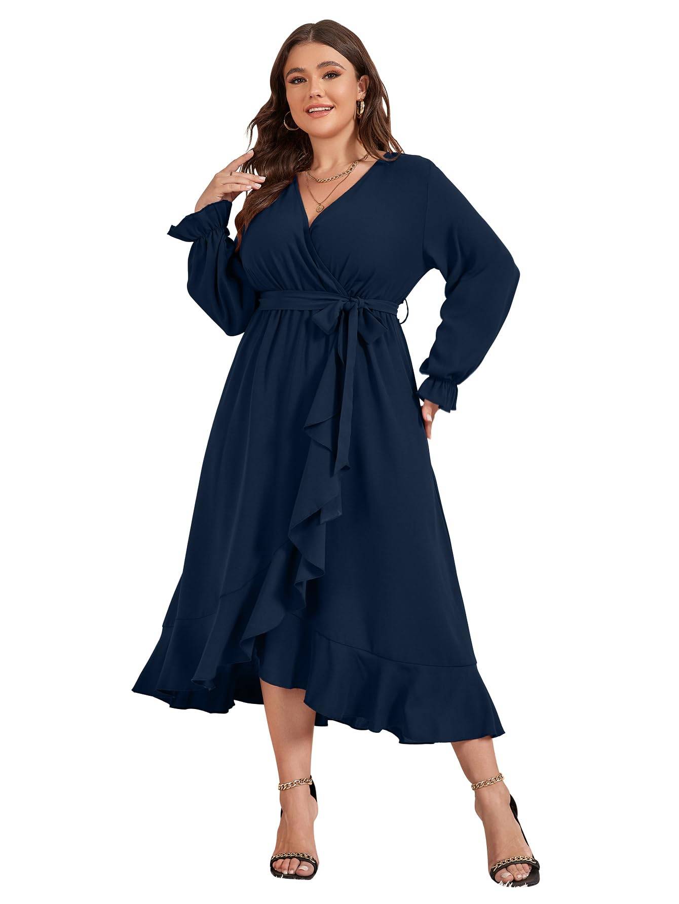 Women Plus Size Maxi Dress Wrap V Neck Dress