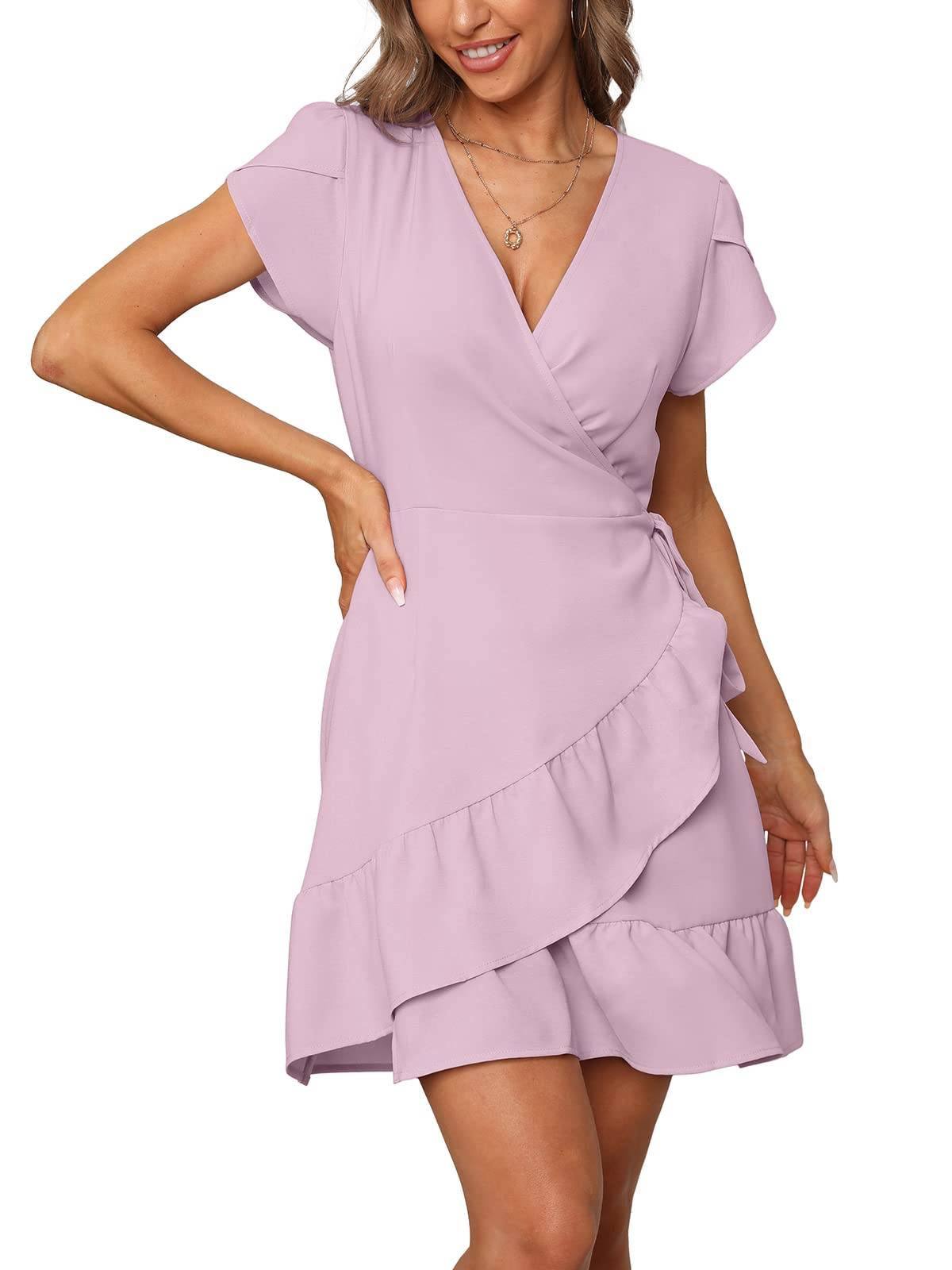 Summer V Neck Wrap Short Dress with Belt for Women