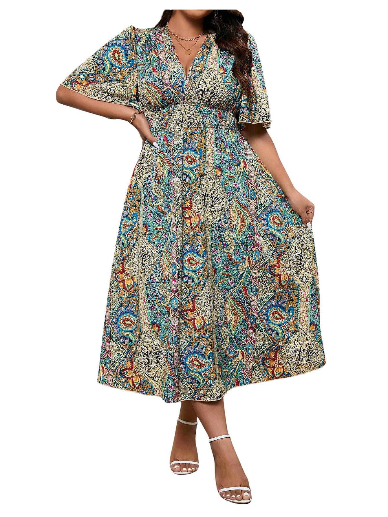 Women's Plus Size Boho Floral V Neck A Line Dress