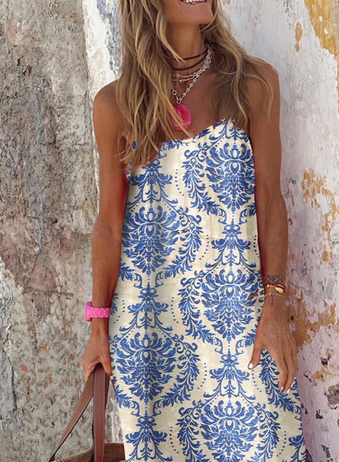 Women Strap Neck Boho Maxi Dress Plus Size