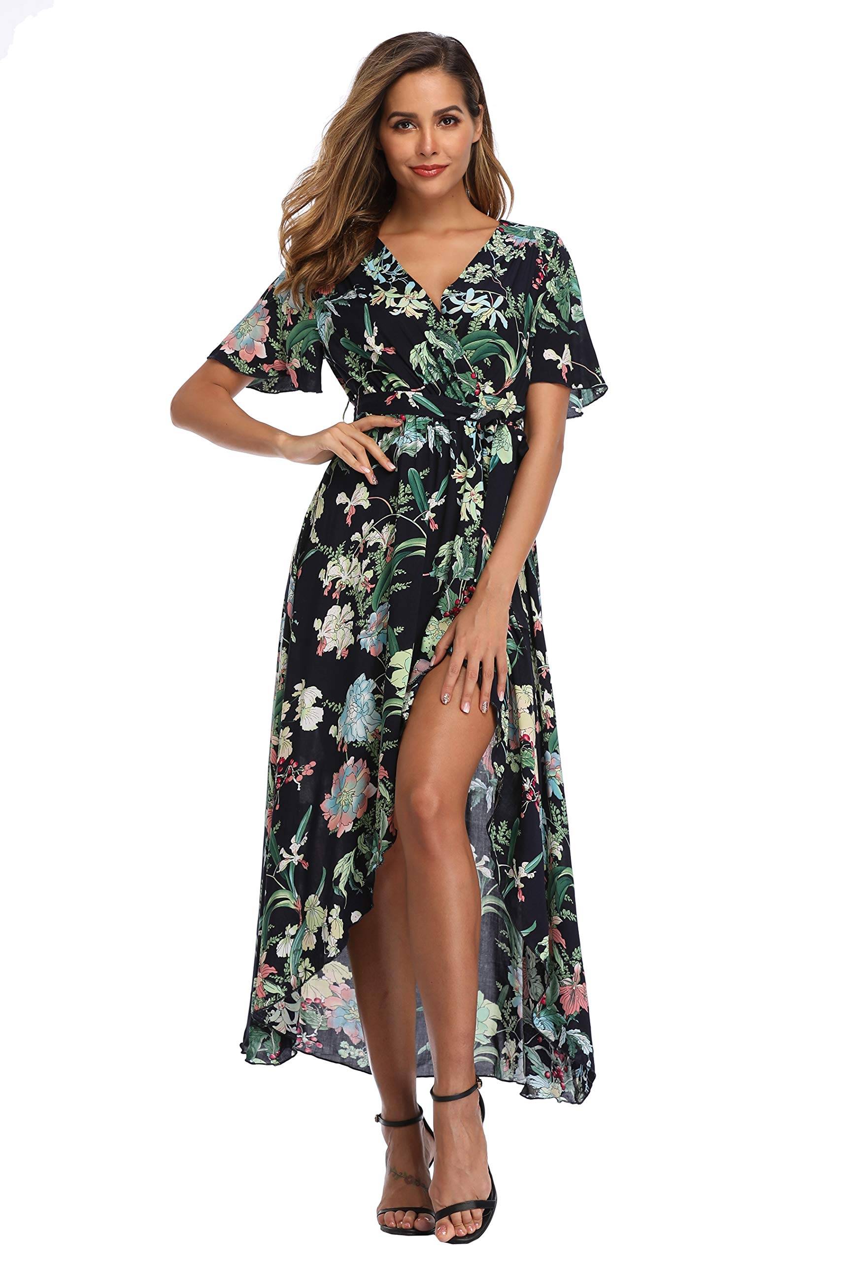 Women's Wrap V Neck Floral Summer Dresses Maxi