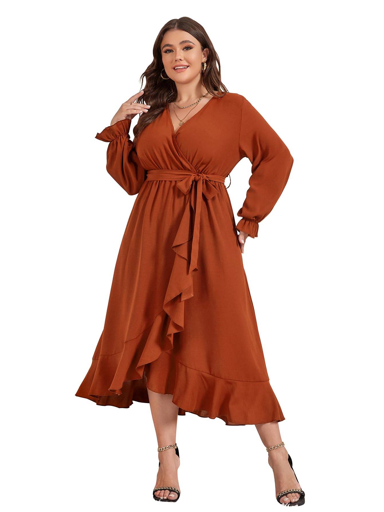 Women Plus Size Maxi Dress Wrap V Neck Dress