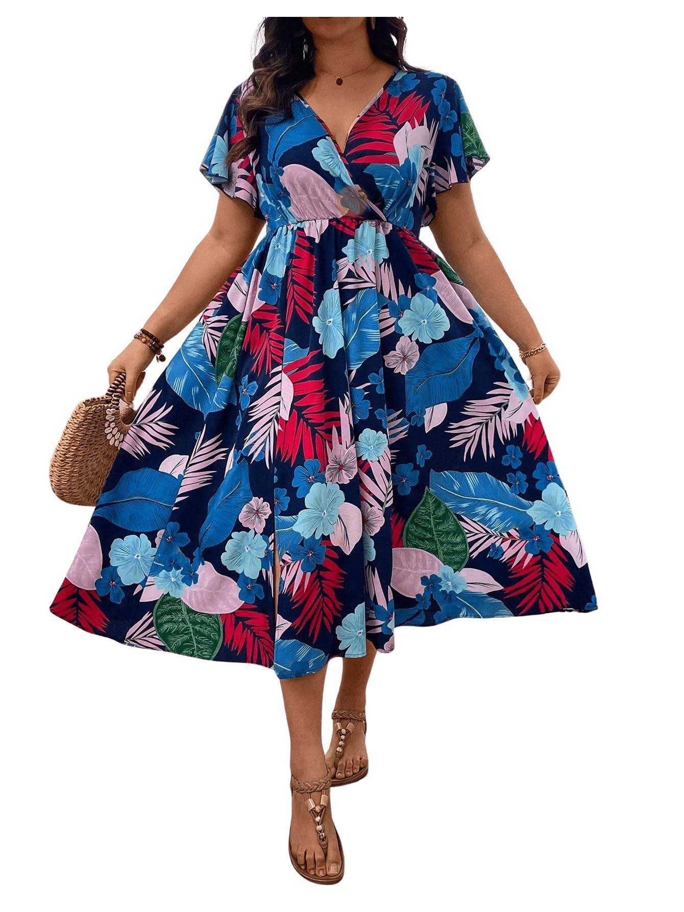 Women's Plus Size Boho Floral V Neck A Line Dress