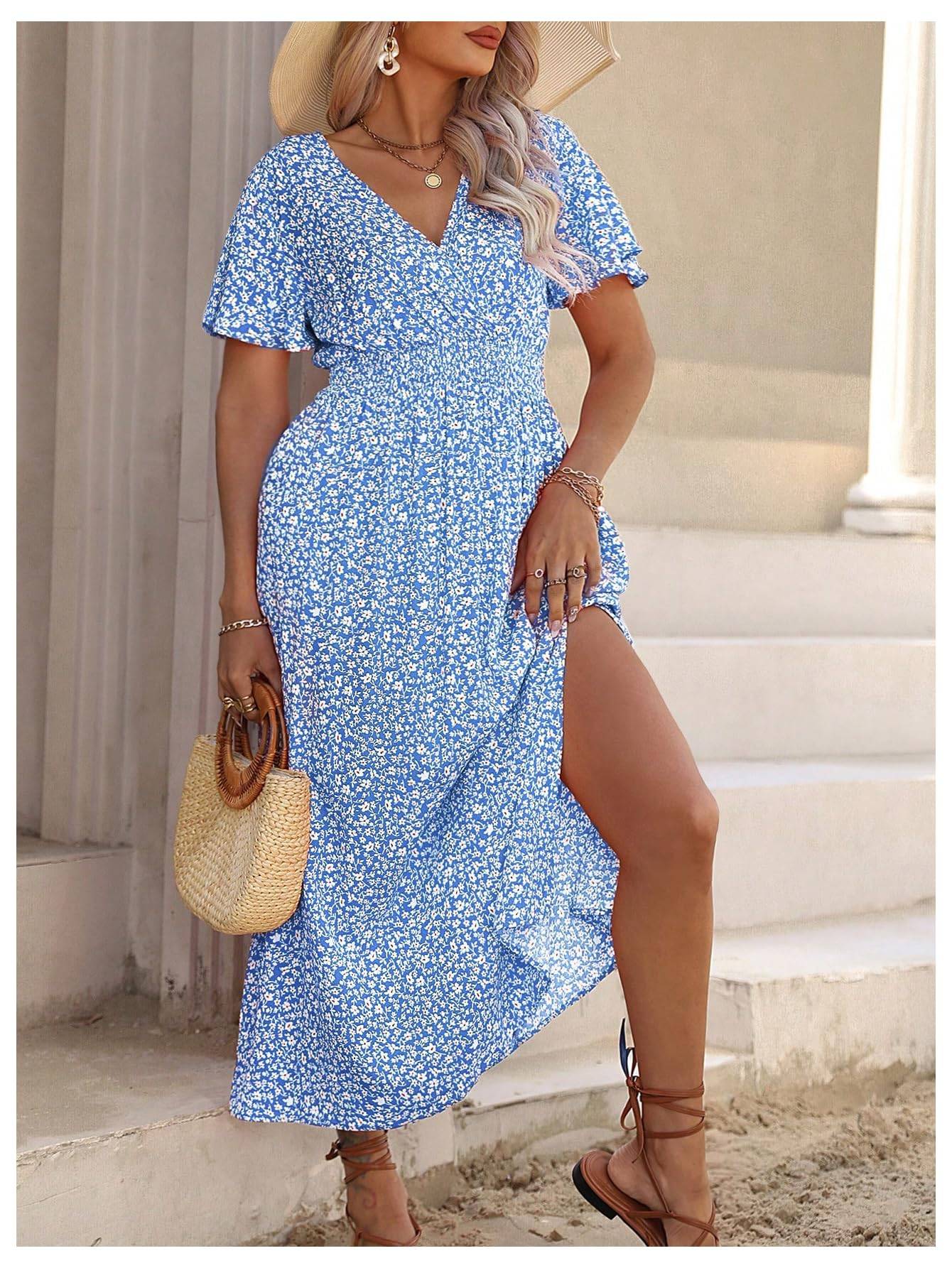 Women's Plus Size Boho Floral V Neck A Line Dress