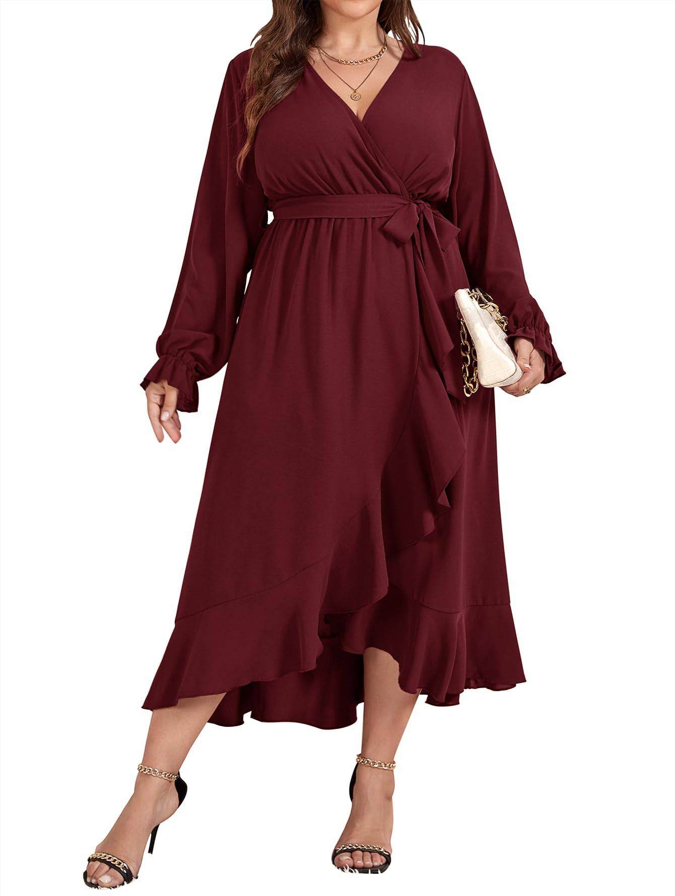 Women Plus Size Maxi Dress Wrap V Neck Dress