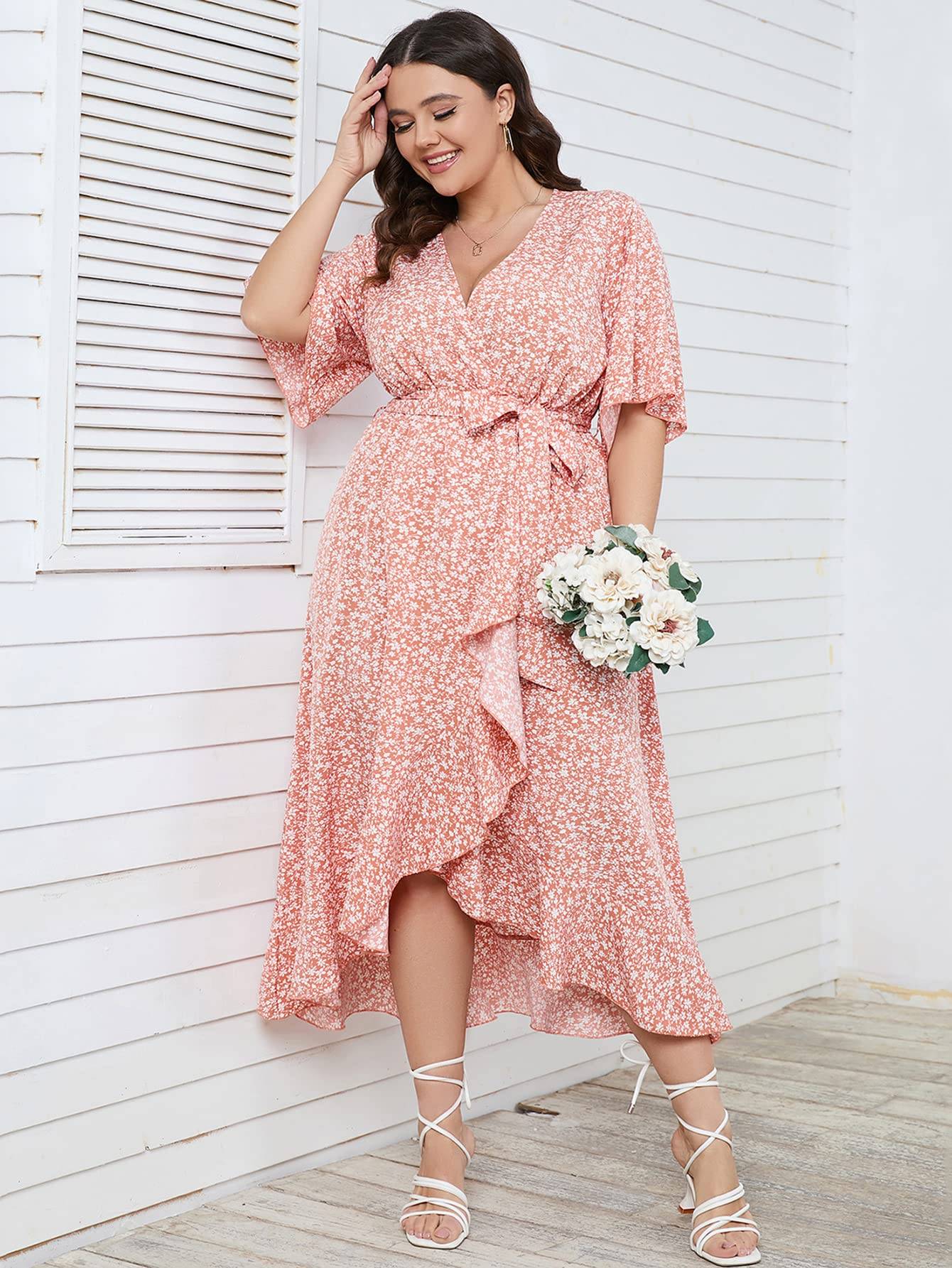 Women Plus Size Short Sleeve Wrap V Neck Dress