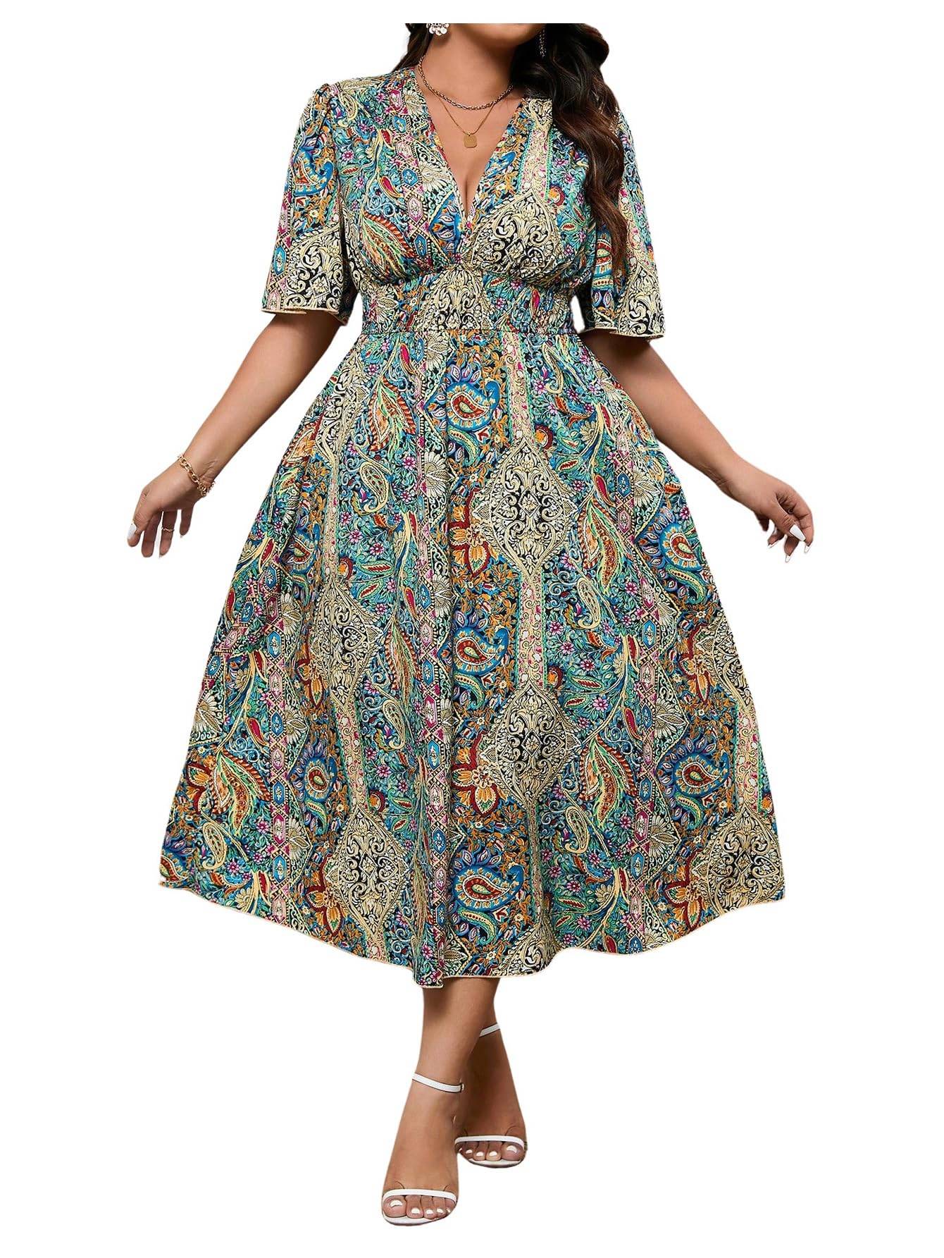 Women's Plus Size Boho Floral V Neck A Line Dress