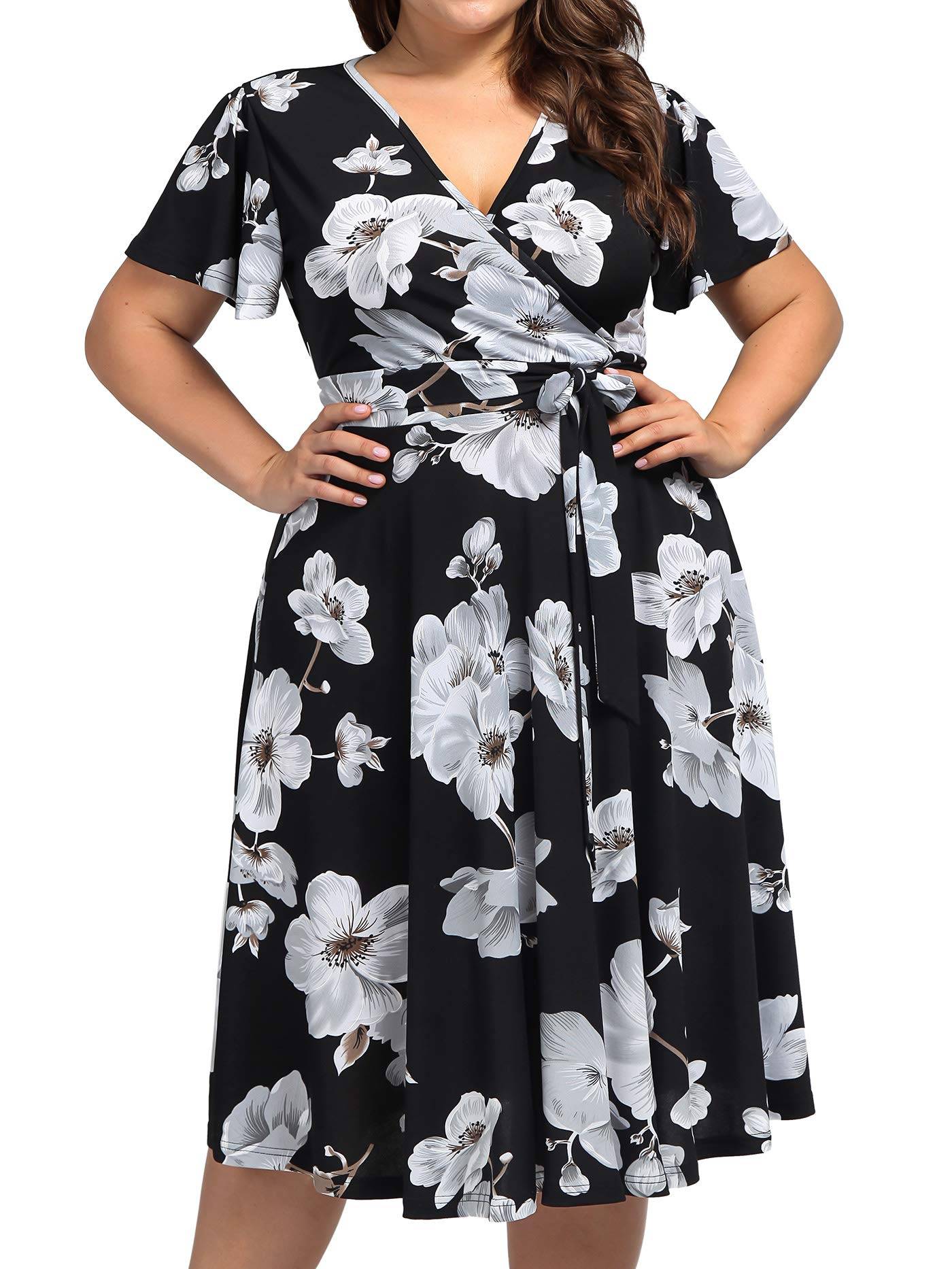 Plus Size Womens V Neck Floral Party Midi Dresses