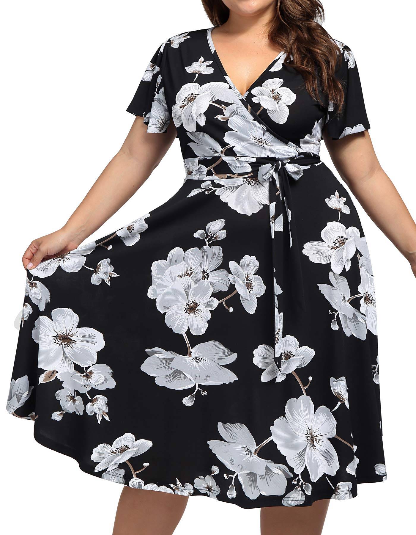 Plus Size Womens V Neck Floral Party Midi Dresses