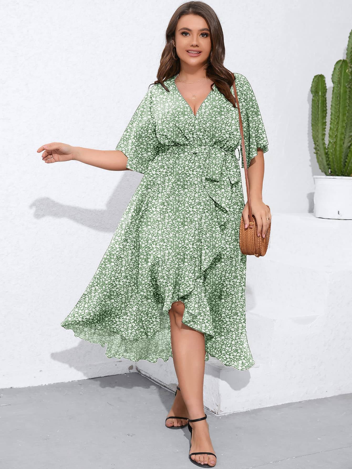 Women Plus Size Short Sleeve Wrap V Neck Dress