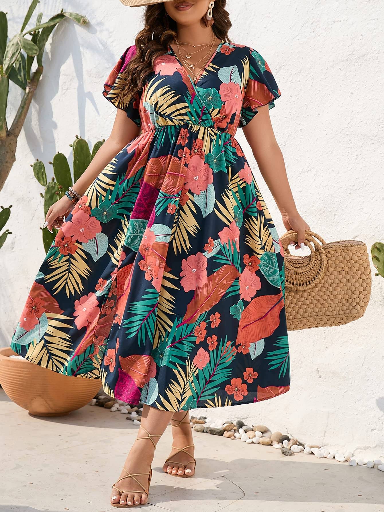 Women's Plus Size Boho Floral V Neck A Line Dress