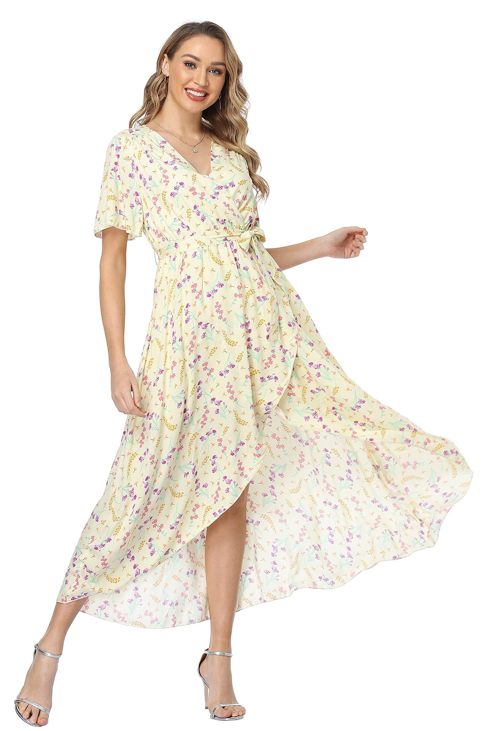 Women's Wrap V Neck Floral Summer Dresses Maxi