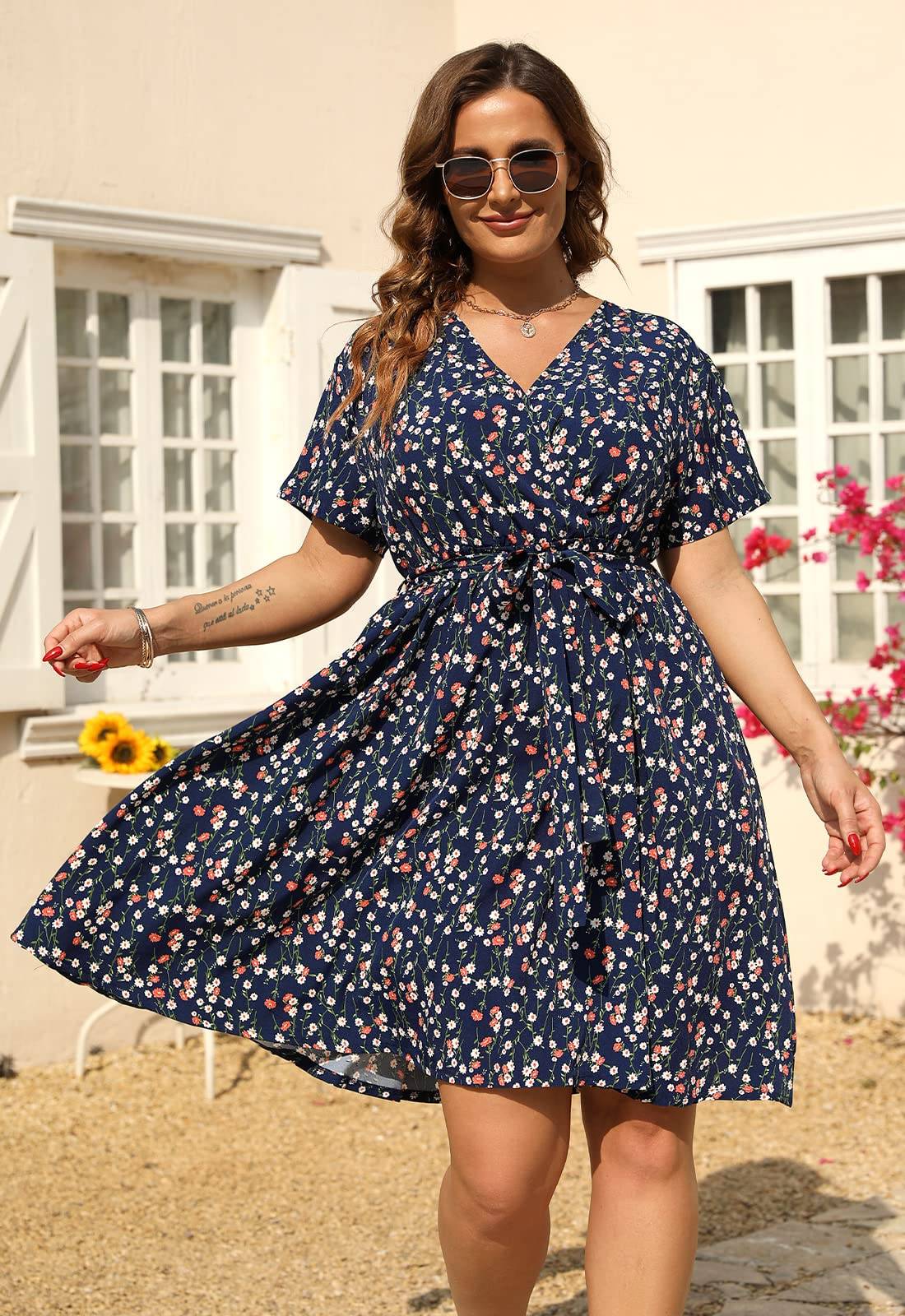 Womens Plus Size Boho Wrap Dress Floral Print