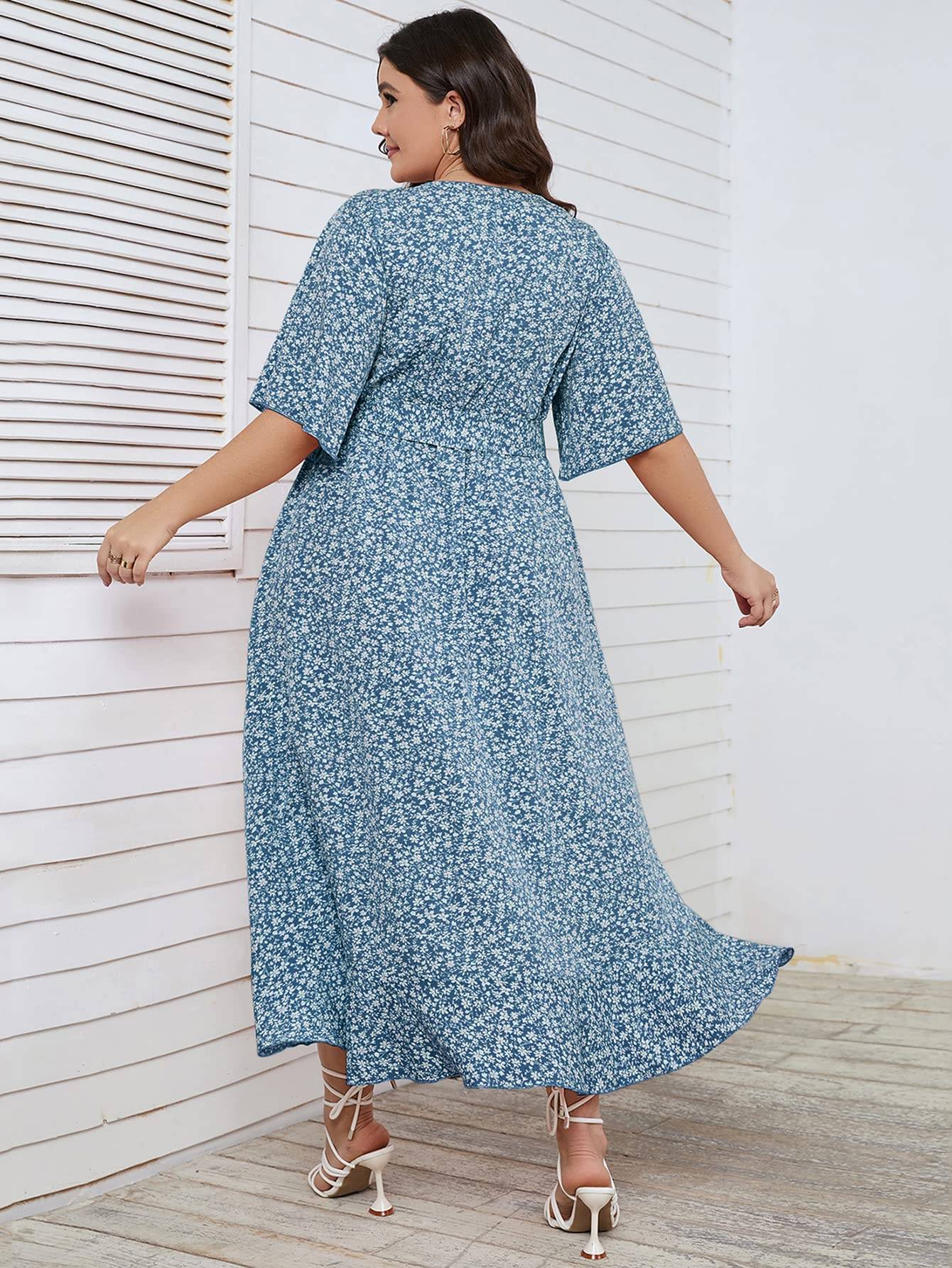 Women Plus Size Short Sleeve Wrap V Neck Dress