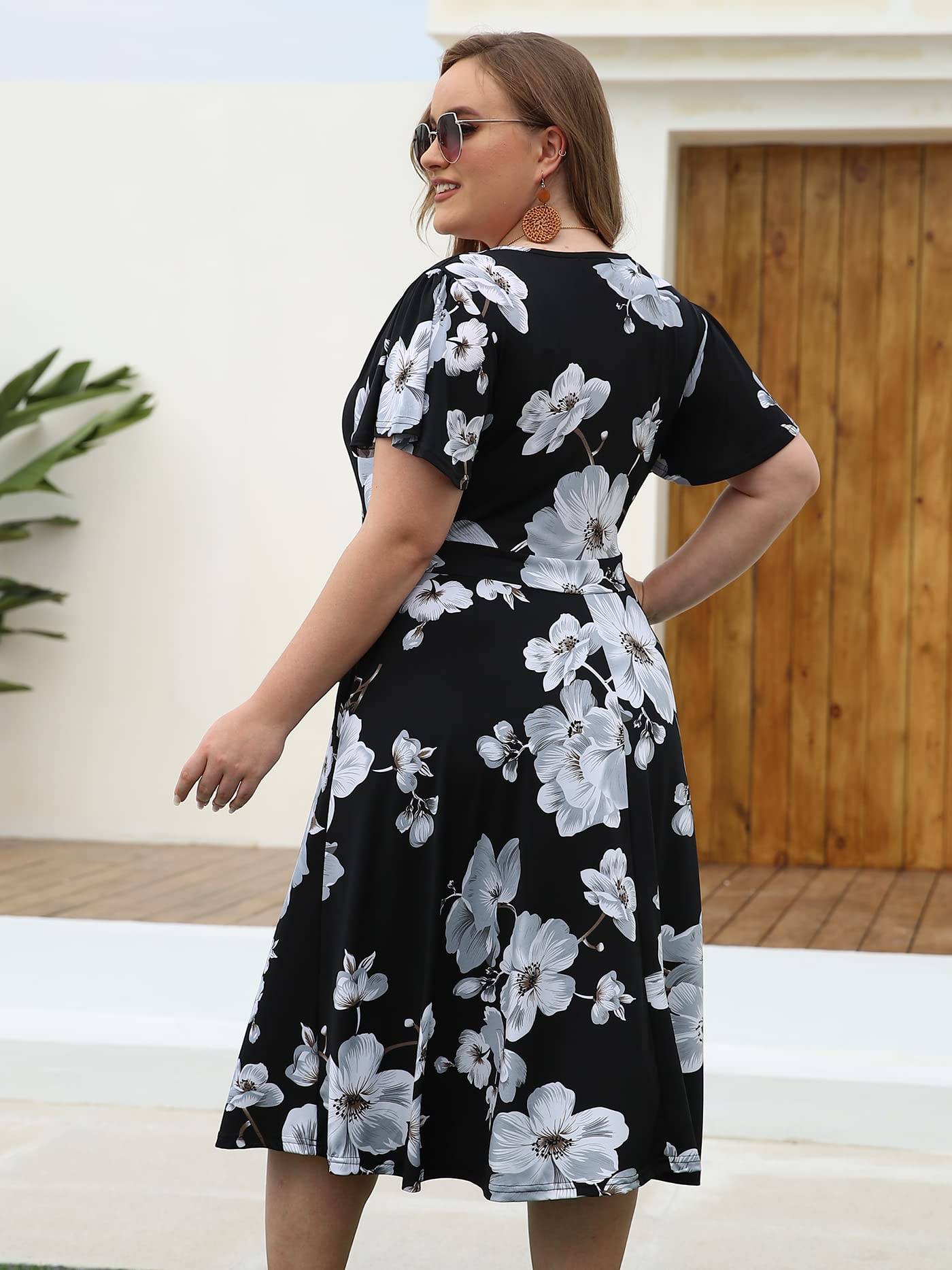 Plus Size Womens V Neck Floral Party Midi Dresses