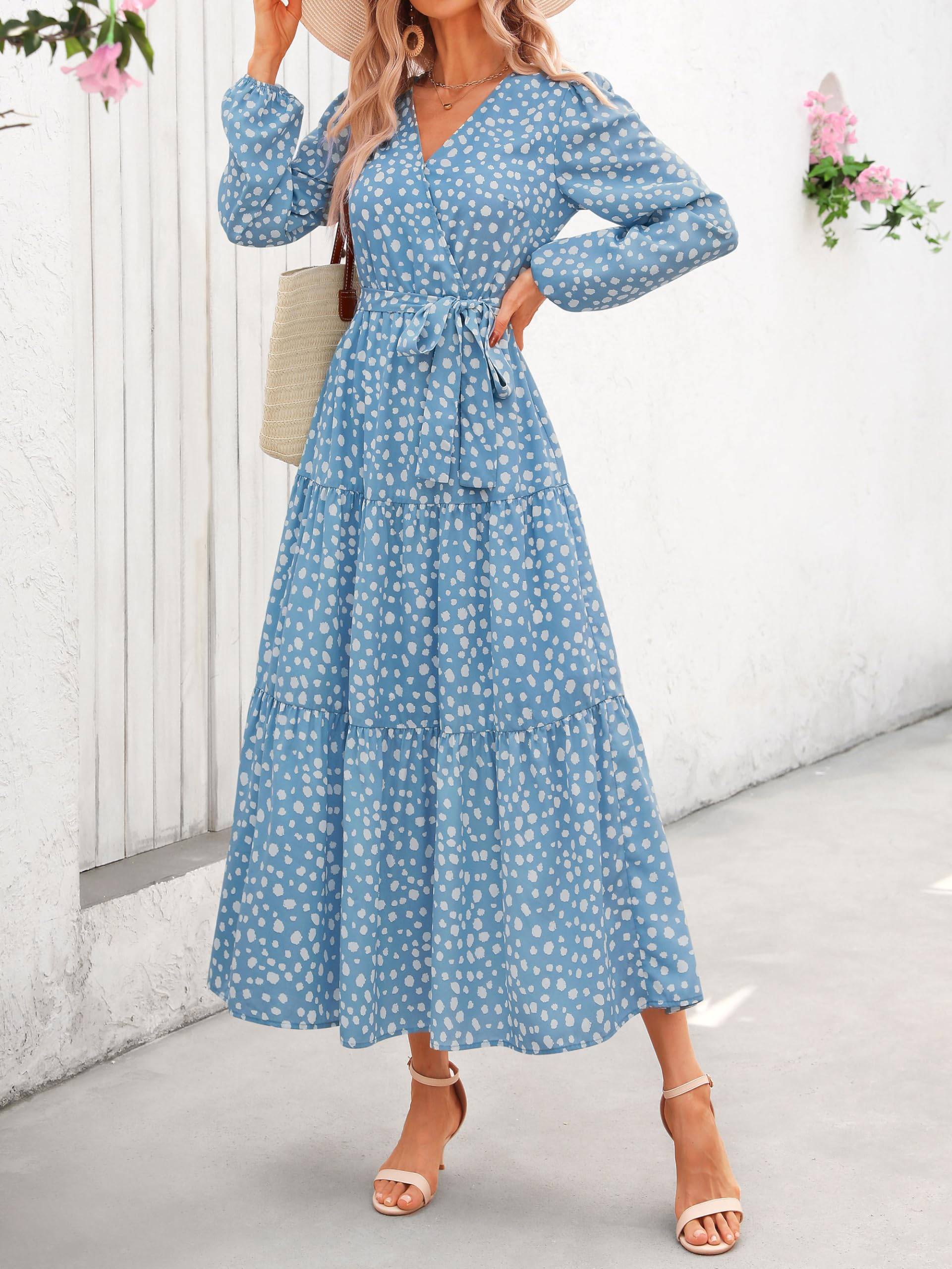 Womens Long Sleeve V Neck Floral Maxi Dress Boho