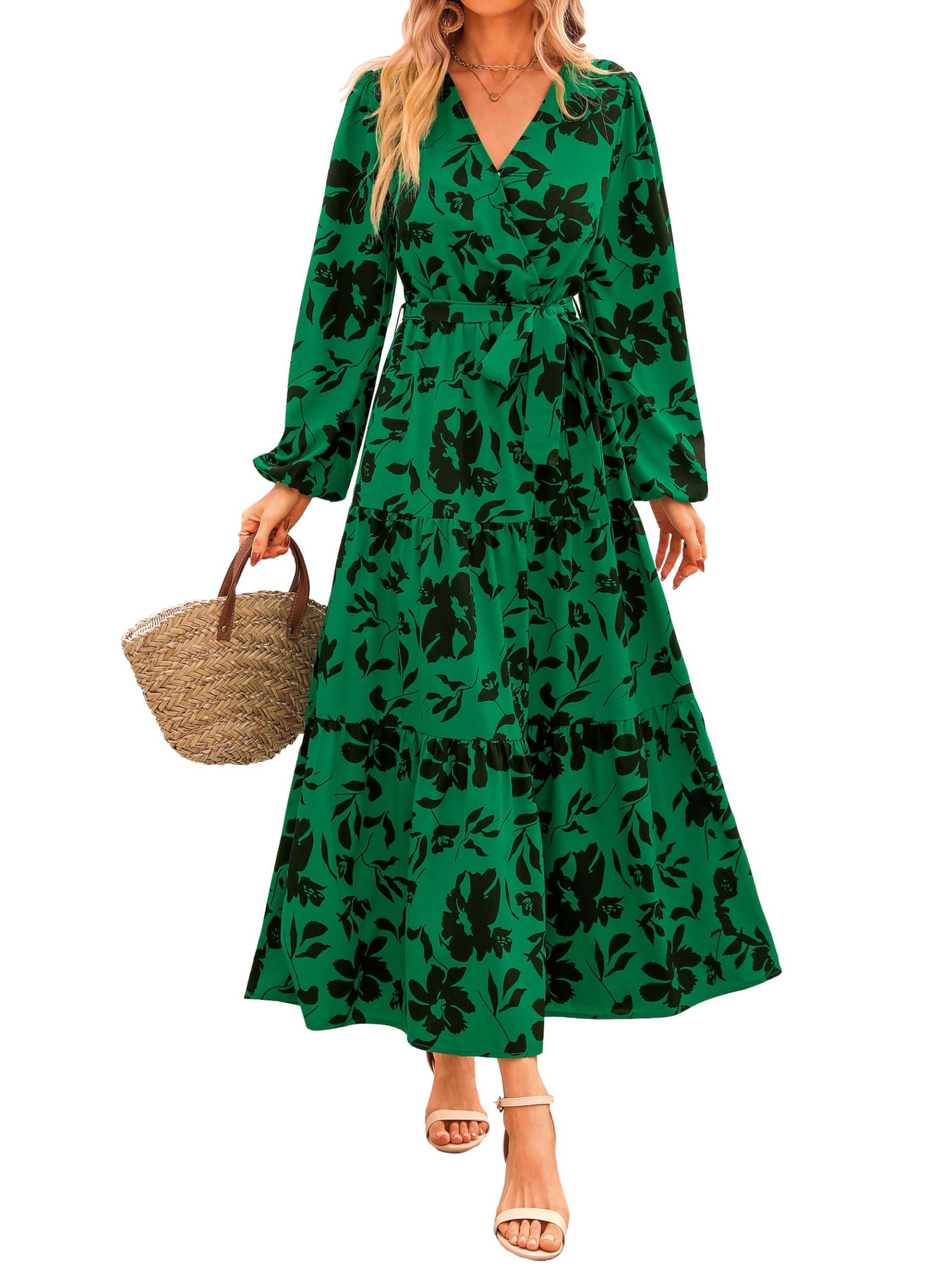 Womens Long Sleeve V Neck Floral Maxi Dress Boho