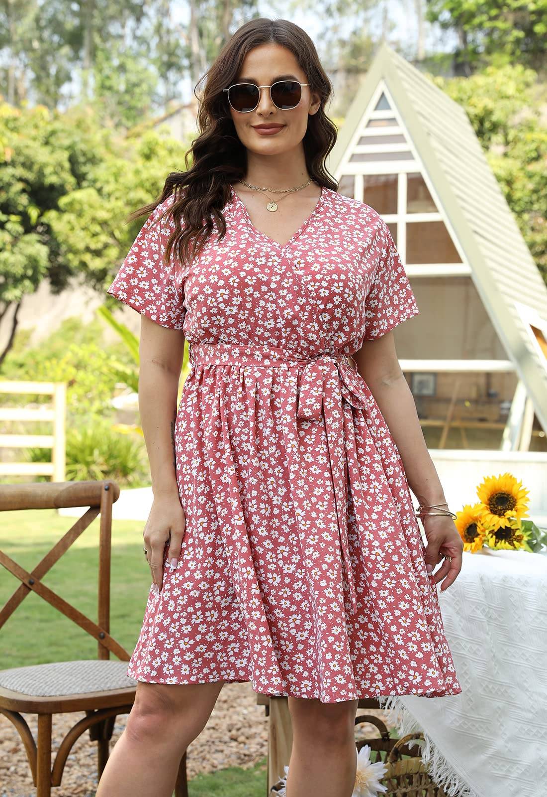 Womens Plus Size Boho Wrap Dress Floral Print