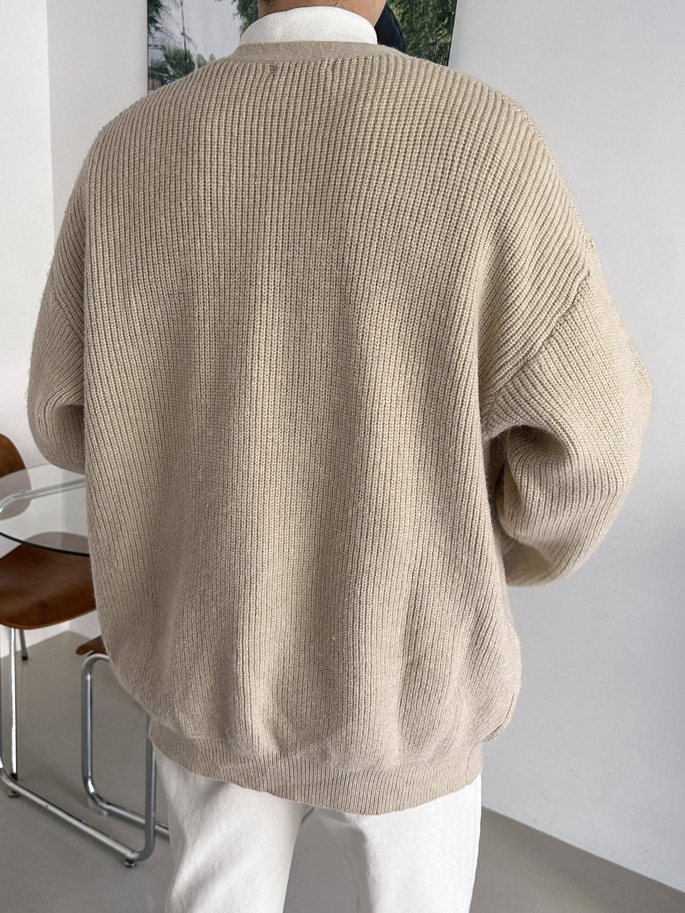 Men's Casual Long Sleeve Button Front V Neck Rib Knit Cardigan Sweater