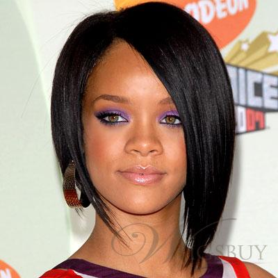 Rihanna's Sexy Short Straight Bob Hairstyle Hand Made Classical Black Lace Wig For Your Beutiful Face