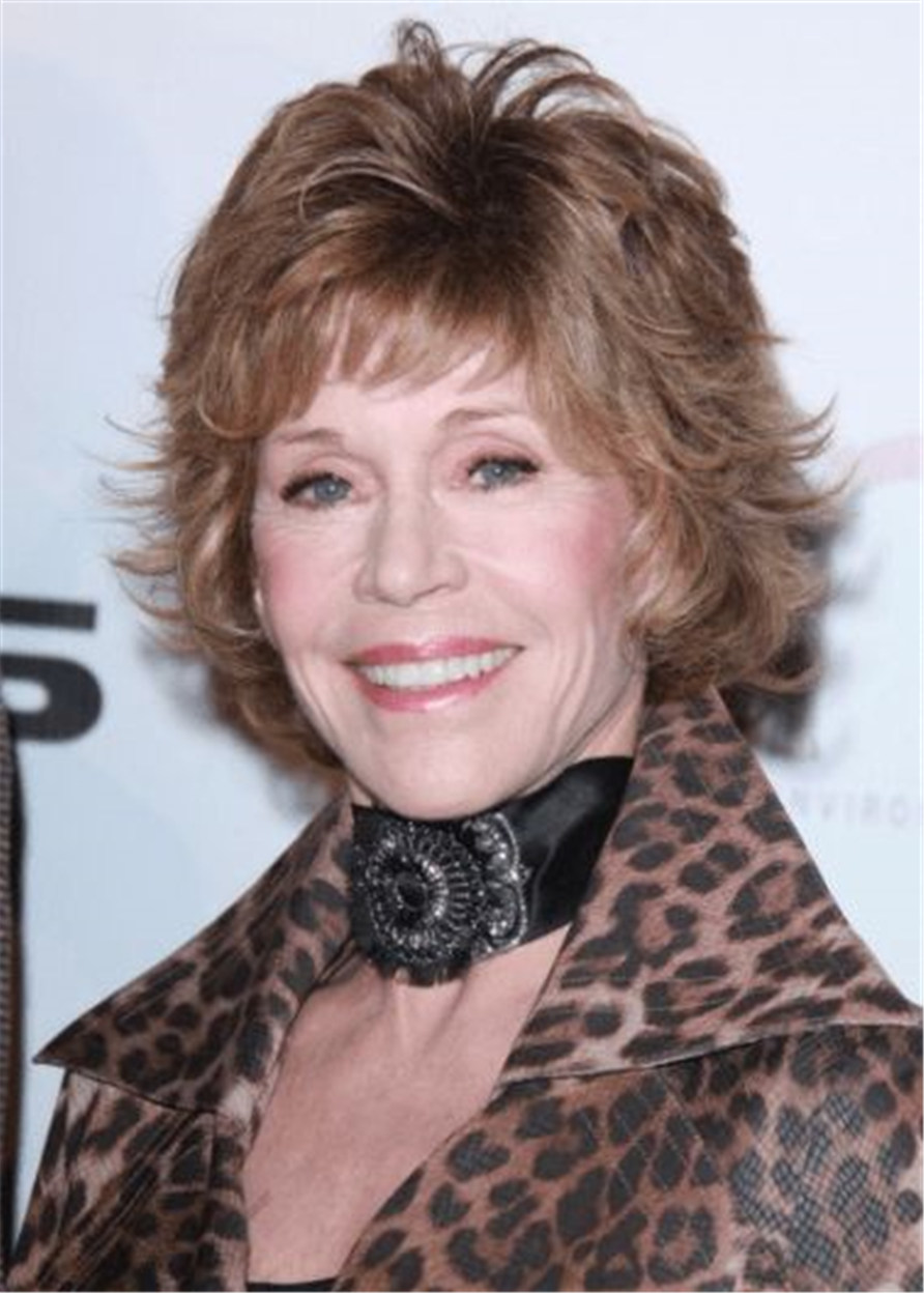 Jane Fonda Hairstyle Capless Wavy Women Human Hair Wigs 12 Inches 