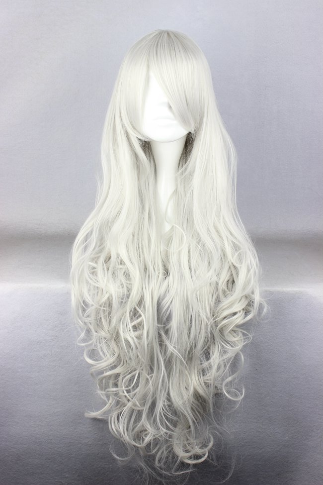 Super Long Curly White Synthetic Hair Cosplay Wigs 36 Inches