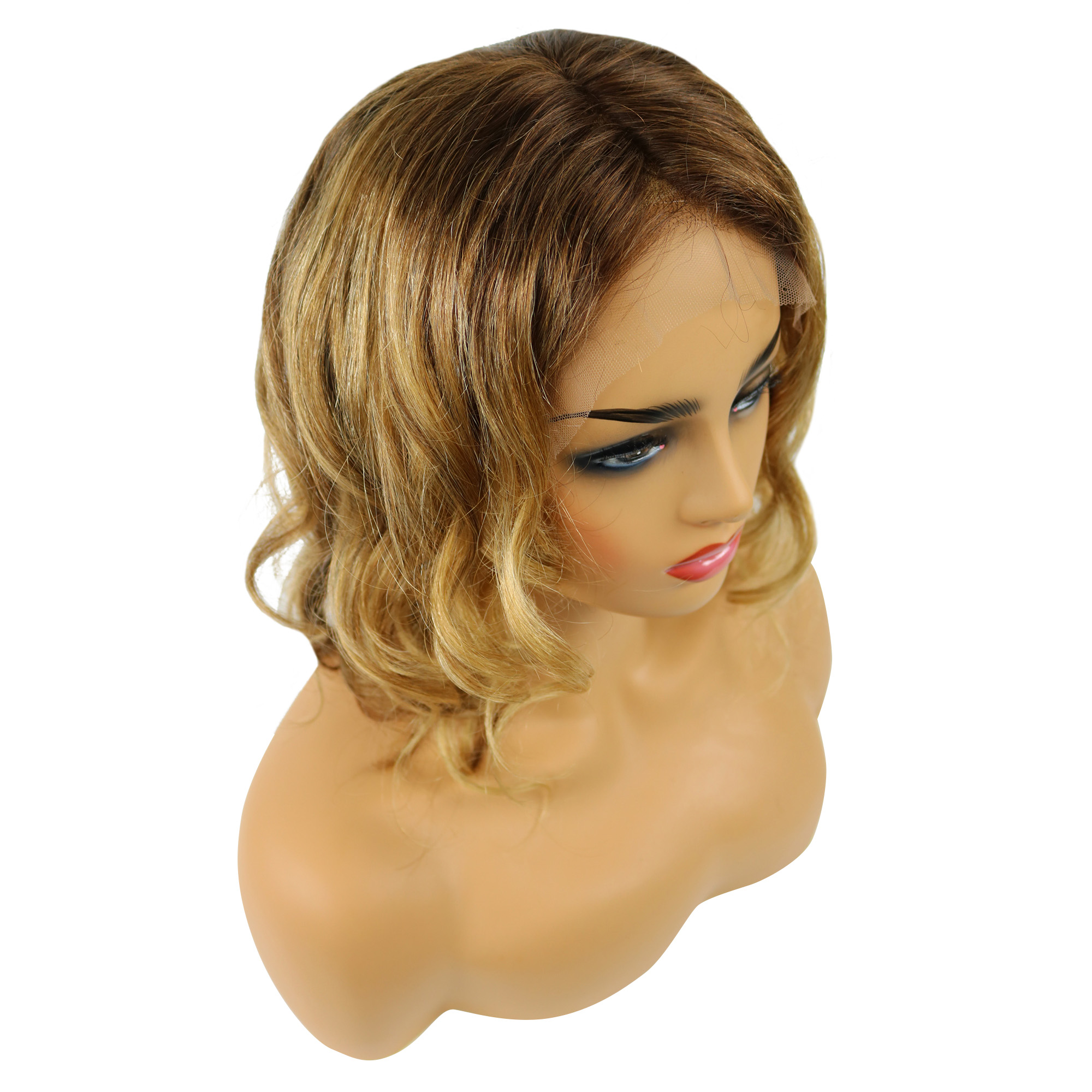 Bob Hairstyle Mixed Color Wavy Human Hair Lace Front Wigs 12 Inches