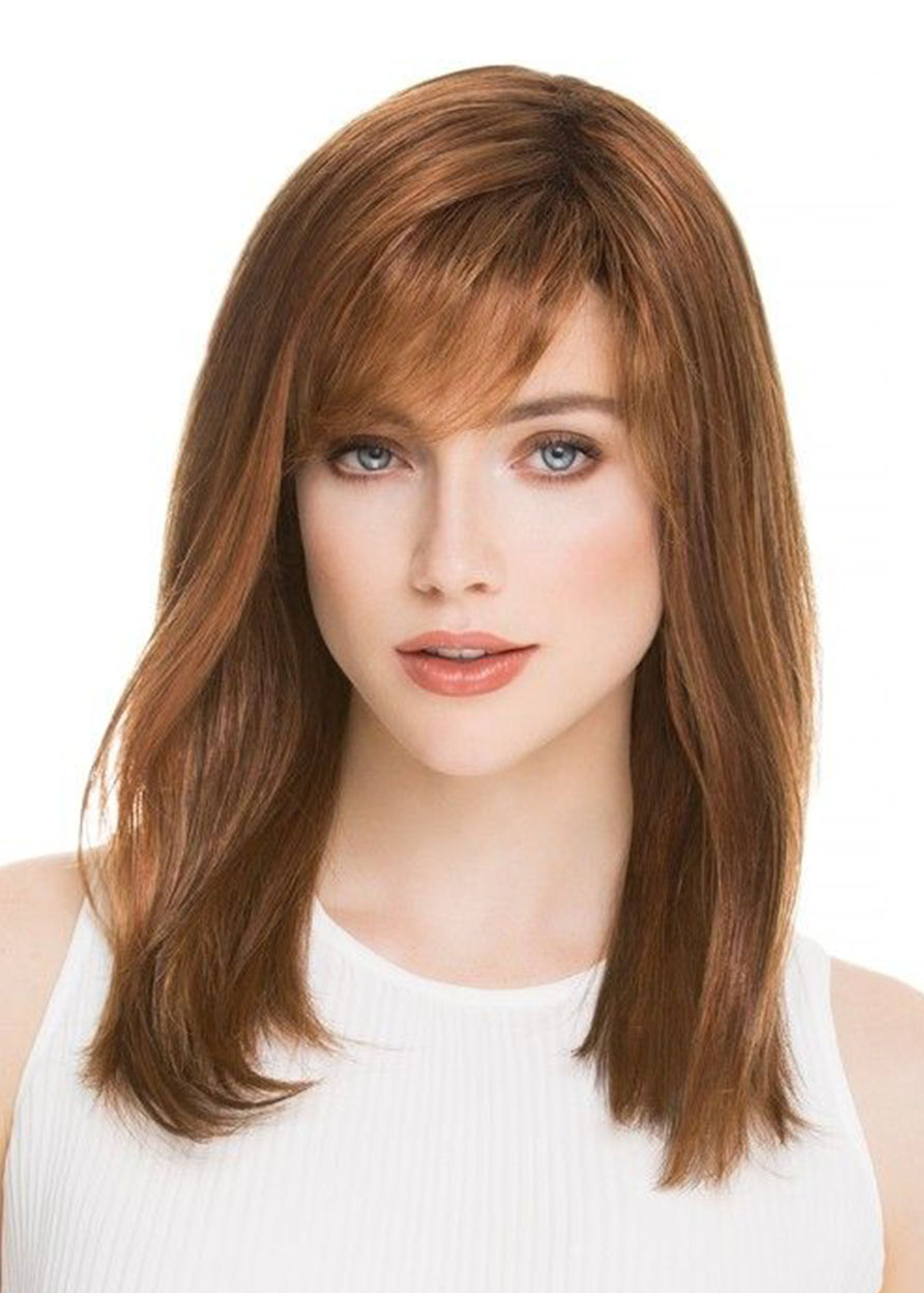 100% Human Hair Women's Medium Hairstyles Light Brown Color Natural Straight Lace Front Cap Wigs 20Inch