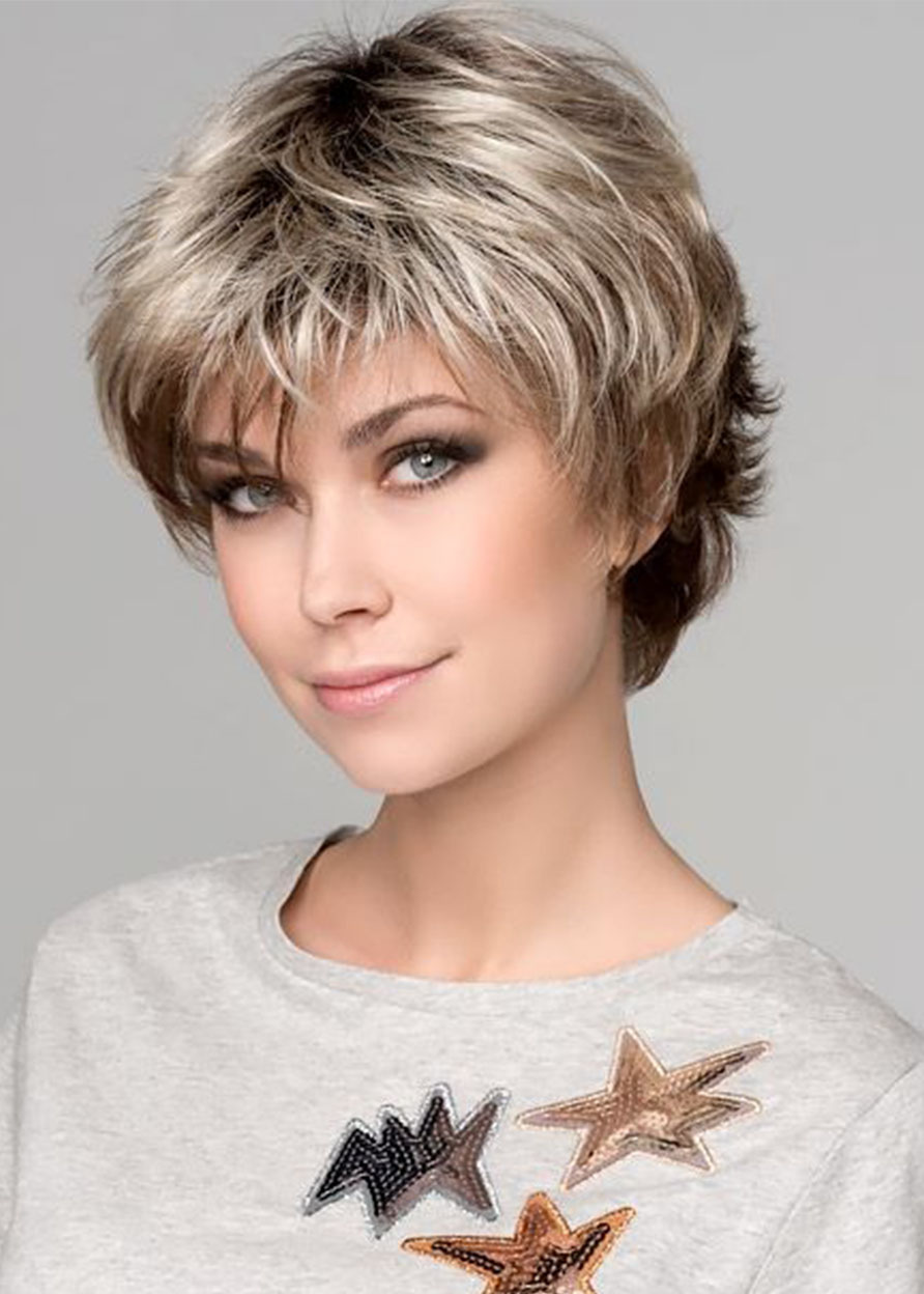 Women's Short Bob Hairstyles Natural Layered Wavy Synthetic Capless Wigs With Bangs 6Inch