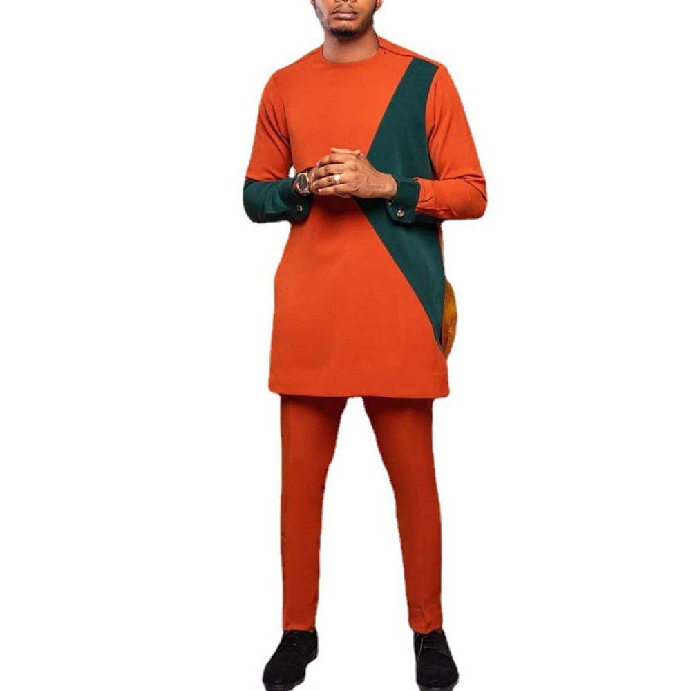 Muslim Pants Button Color Block Summer Men's Outfit - Dashiki Shirts & Pants