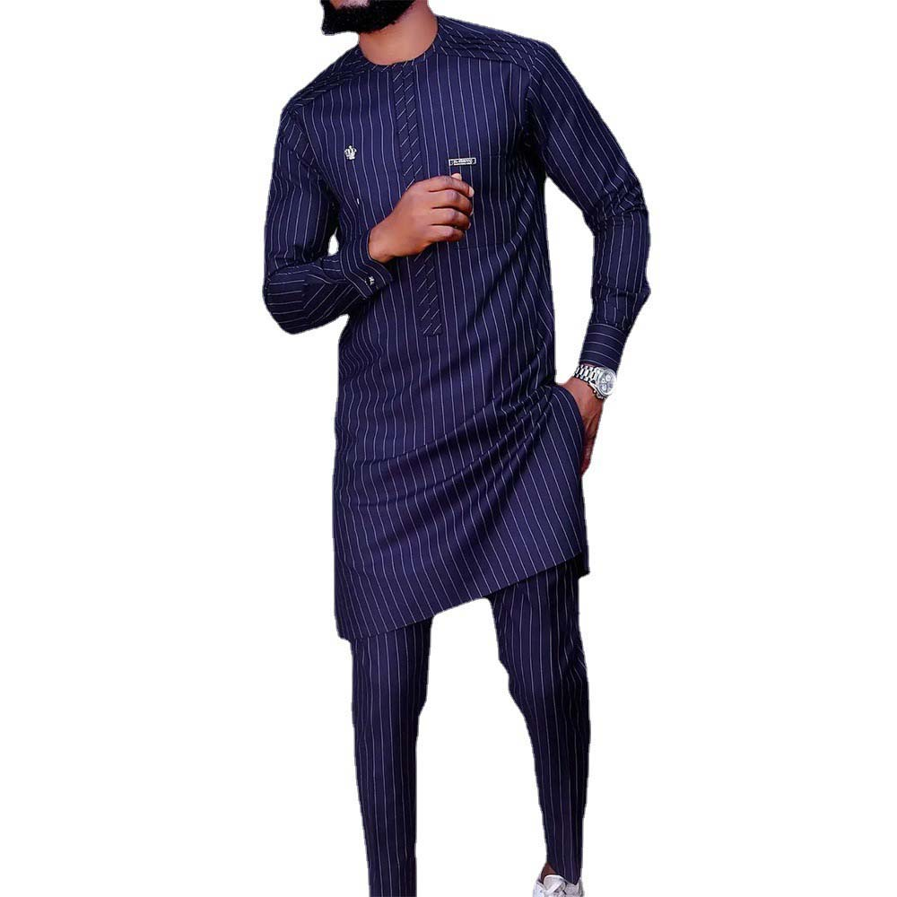 Stripe Shirt Print Muslim Fall Men's Outfit - Dashiki Shirts & Pants