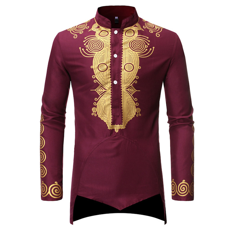 Dashiki Shirts - Print Stand Collar Floral Ethnic Slim Men's Shirt