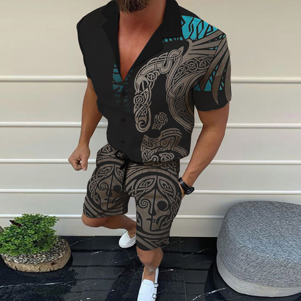 Coowigsby Viking 3D All Over Print Shorts & T-Shirts Set | Print Casual Pants Summer Men's Outfit