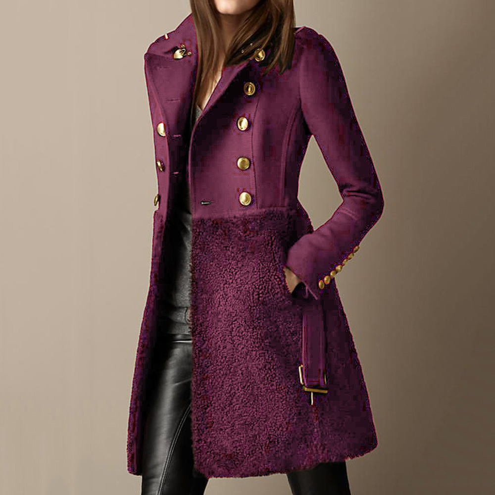 Double-Breasted A Line Patchwork Regular Mid-Length Women's Overcoat