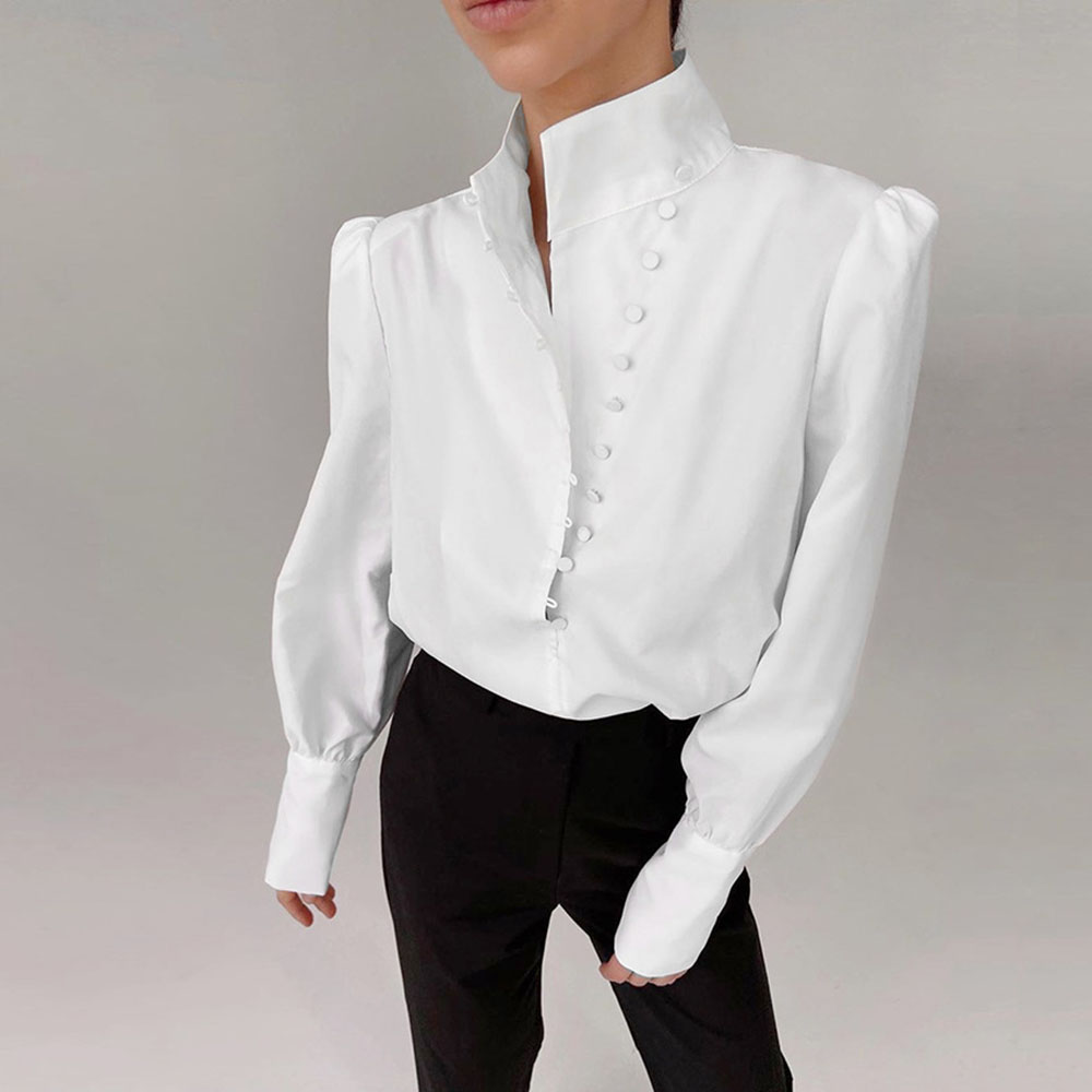 Button Plain Stand Collar Long Sleeve Women's Blouse