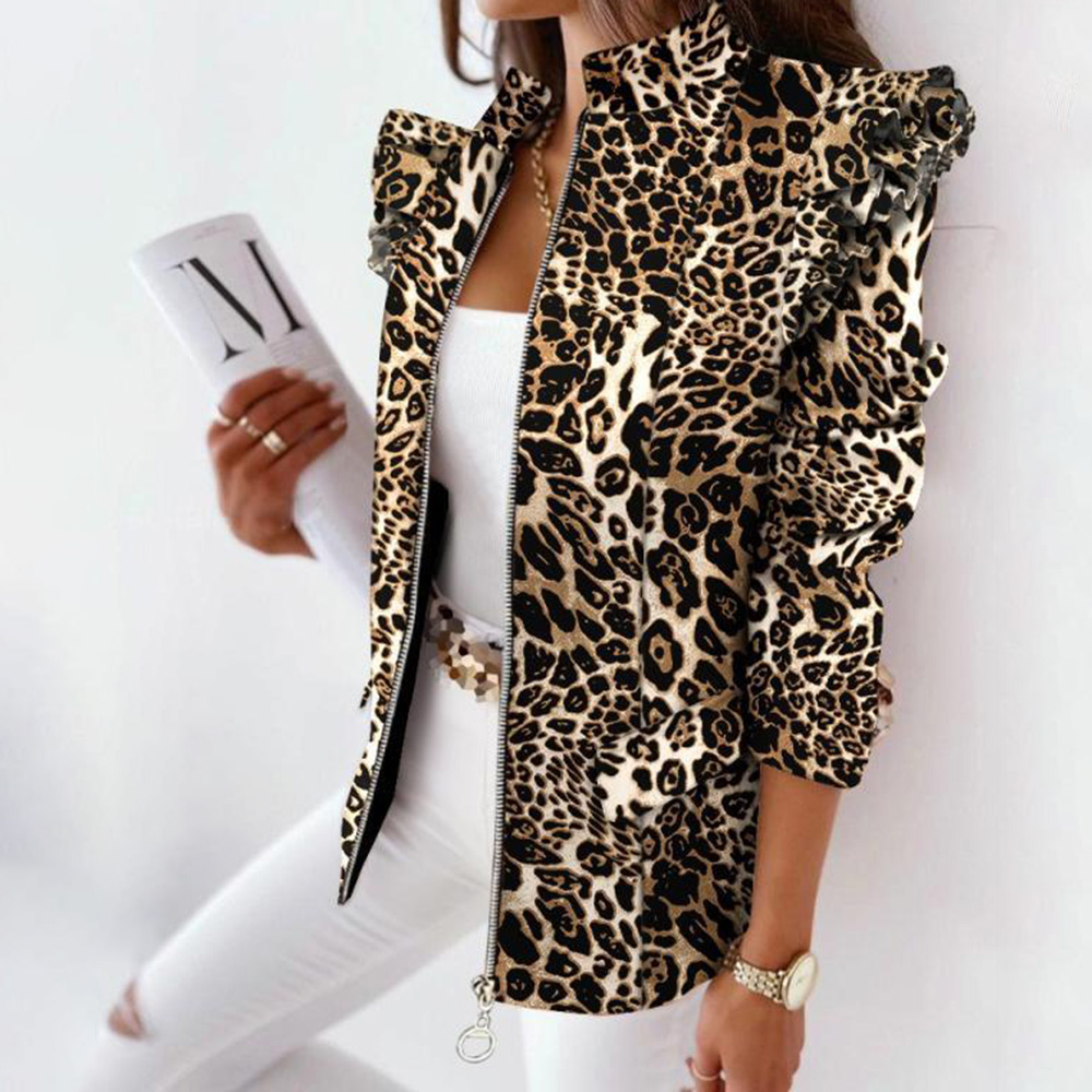 Stand Collar Color Block Zipper Long Sleeve Standard Women's Casual Blazer